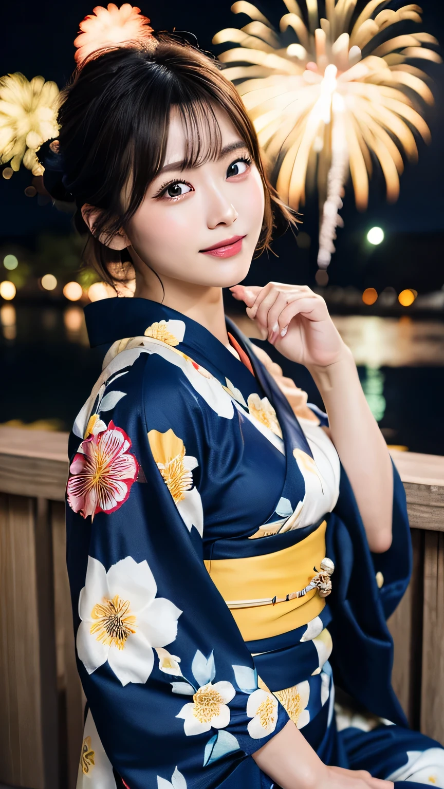 (8K、RAW photography、highest quality、masterpiece:1.2)、(realistic、Photoreal:1.37)、ultra high resolution、1 girl、cute、alone、night、sitting、date、(nose redness)、(laughter:1.1)、(closed)、big breasts、beautiful eyes、(short hair:1.2)、(((fireworks filling the sky、night)))、(((kimono、Yukata)))、cleavage、perfect body、perfect fingers、professional lighting、japanese goddess、gravure、Detailed face and skin texture、fine eyes、RAW photo