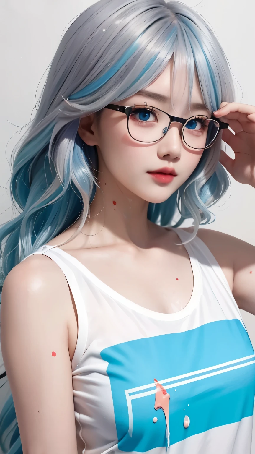 (masterpiece, best quality, high resolution), anime style, White background, acrylic paint, ((splash of color, splash ink, splash of color)), Sweet Chinese girl, Long Grayish blue hair, [Grayish blue|green] hair, Light blue eyes，Red Half-rimmed Glasses，Curly hair, flash, Peach lips, White shirt, front, Upper body