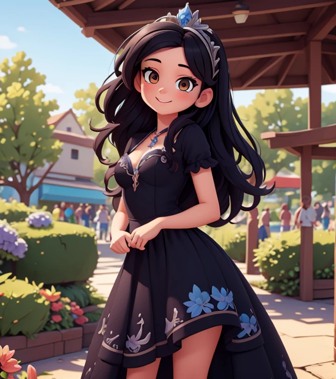 (masterpiece, best quality, ultra detailed), (high detail, hyper detailed), Beautiful 25 year old girl in an amusement park, happy, adult woman body, small breasts, provocative body, black hair, long straight hair slightly disheveled at the end, dressed like a Disney princess, black dress with blue details, silver crown, detailed face, clear focus, in a beautiful garden, blue sky, many flowers (clutter - house: 0.8), (masterpiece: 1.2) (Realistic: 1.2) (Bokeh) (Best Quality) (Detailed Look: 1.3) (Intricate Details) (8K) (Eye Detail) (Sharp Focus), (Happy),