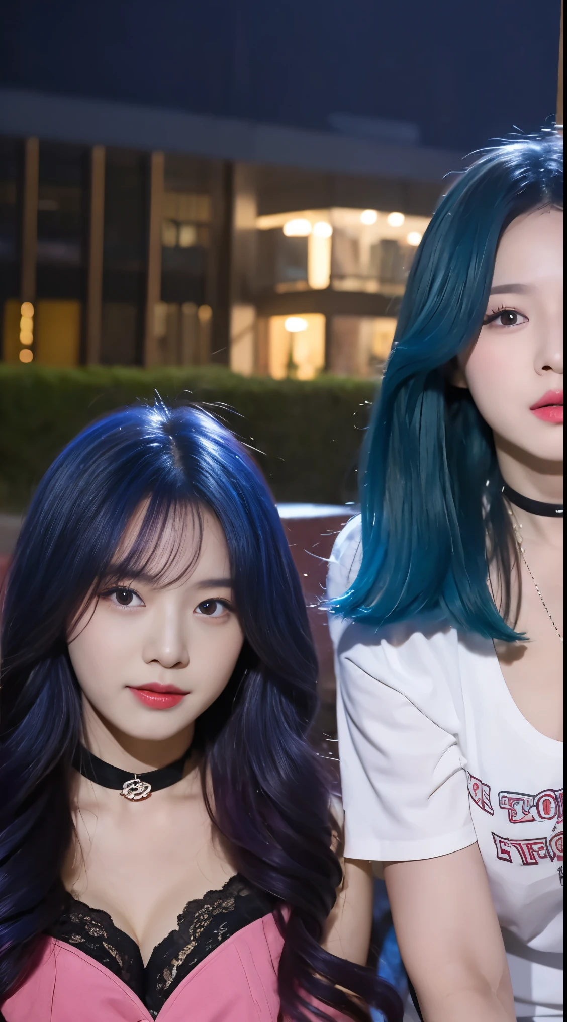 A pair of twins，Cute Korean singer girl，Take photos at night，The background is the hotel，Two girls having in bed，lying on stomach，Wear black underwear，Cute real girl with big breasts，Dew，Blue hair and pink hair，erogenous，Realistic Korean girl，female student，cute ，looking at the viewers，Choker