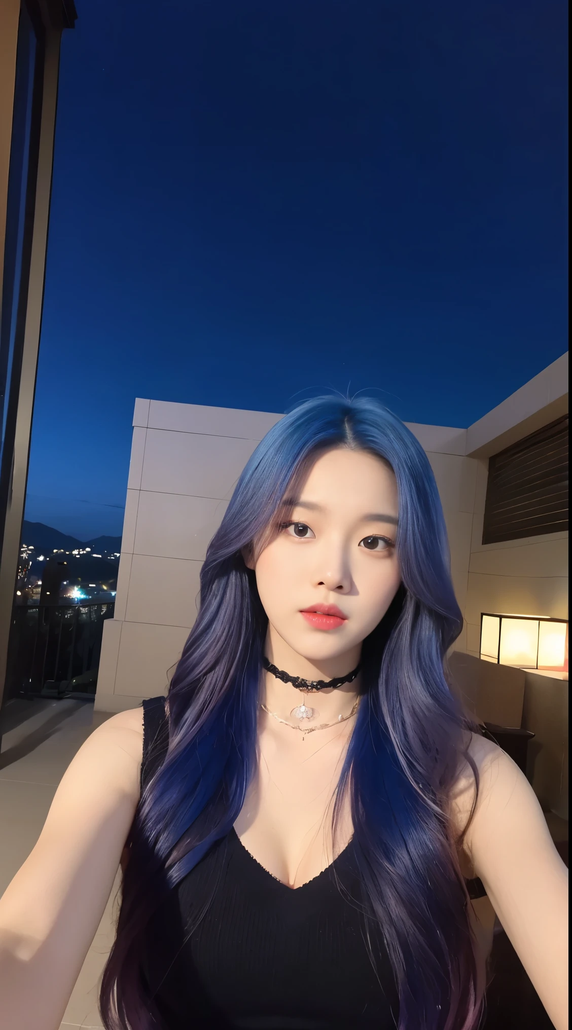 A pair of twins,Cute Korean singer girl,Take photos at night,The background is the hotel,Two girls having in bed,lying on stomach,Wear black underwear,Cute real girl with big breasts,Dew,Blue hair and pink hair,erogenous,Realistic Korean girl,female student,cute ,looking at the viewers,Choker