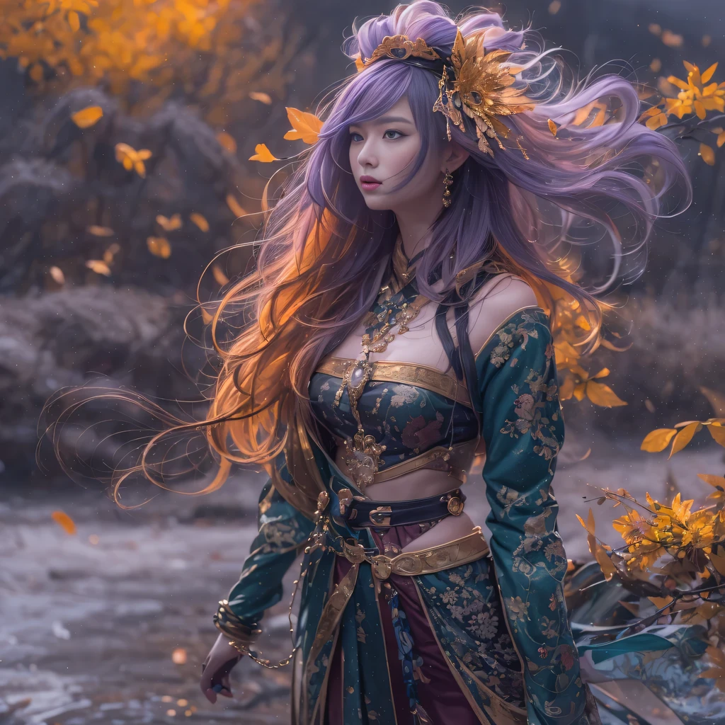32k(masterpiece,HD,超HD,32k)Bright purple flowing hair,autumn pond,we disagree, a color, Asian (Michiko), (silk scarf), fighting stance, looking at the ground, Orange gradient long hair, Floating bright purple, Fire cloud gold headdress, Chinese long-sleeved gold silk garment, (Abstract ink splash:1.2),mars background,lotus(realistically:1.4),Bright purple hair,Smoke on the road,The background is very pure, high resolution, detail, original photo, Sharp Re, Nikon D850 film photo by Jefferies Lee 4 Kodak Portra 400 camera F1.6 guns, rich and colorful, Super real、Vivid textures, dramatic lighting, Unreal Engine Art Station Trend, Silicon Nest 800,Bright purple flowing hair