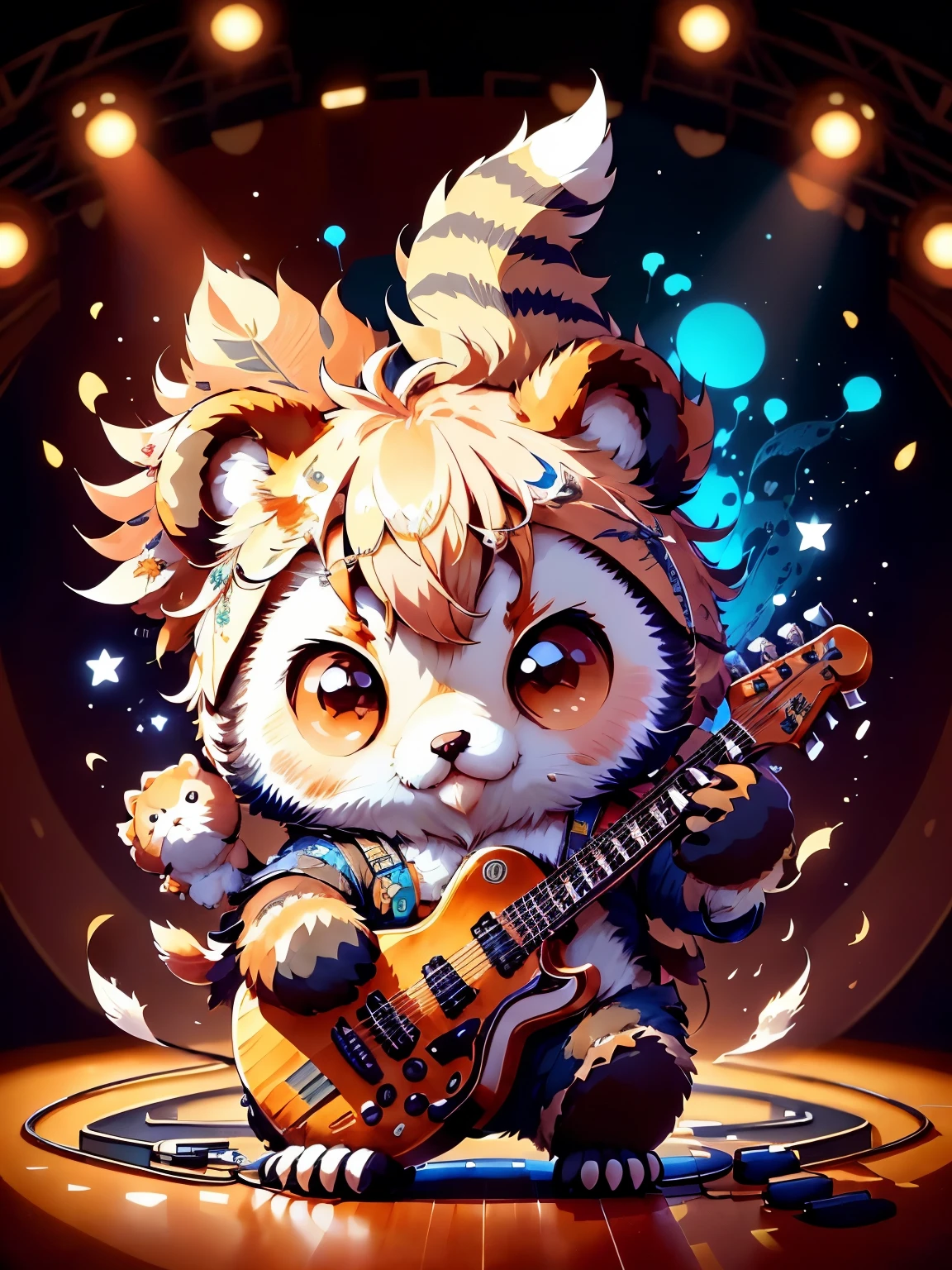 chibi cat playing guitar, chibi barn owl singing song, chibi bear playing drums, (cute:1.6), in a concert, all are on stage 