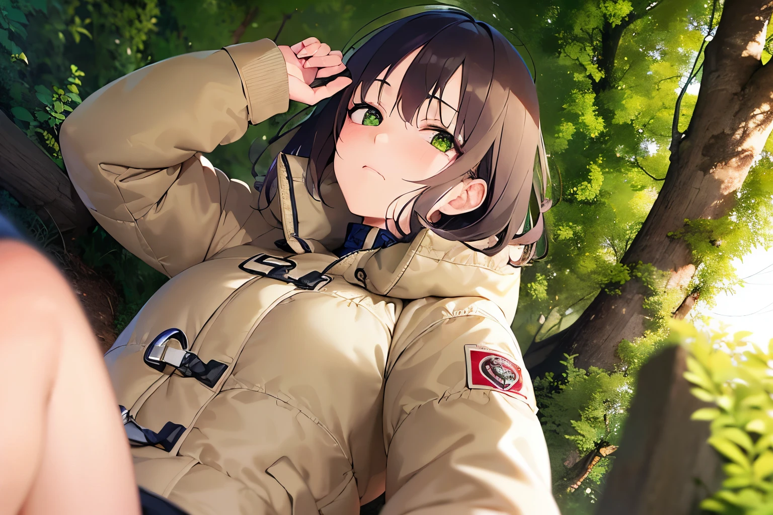 sitting with hand between legs, wariza, cinematic angle, from below, cowboy shot, Realistic, real person, RAW photo, photorealistic, portrait photography, shiny skin, japanese idol、(前髪がある20歳の女性), (green eyes:1.5) and (brown hair) and (bob cut) and (wavy hair), 、(beige Down Jacket:1.5)、黒いタートルネックセーター、(sad:1.5), 一人きり、背景は外、