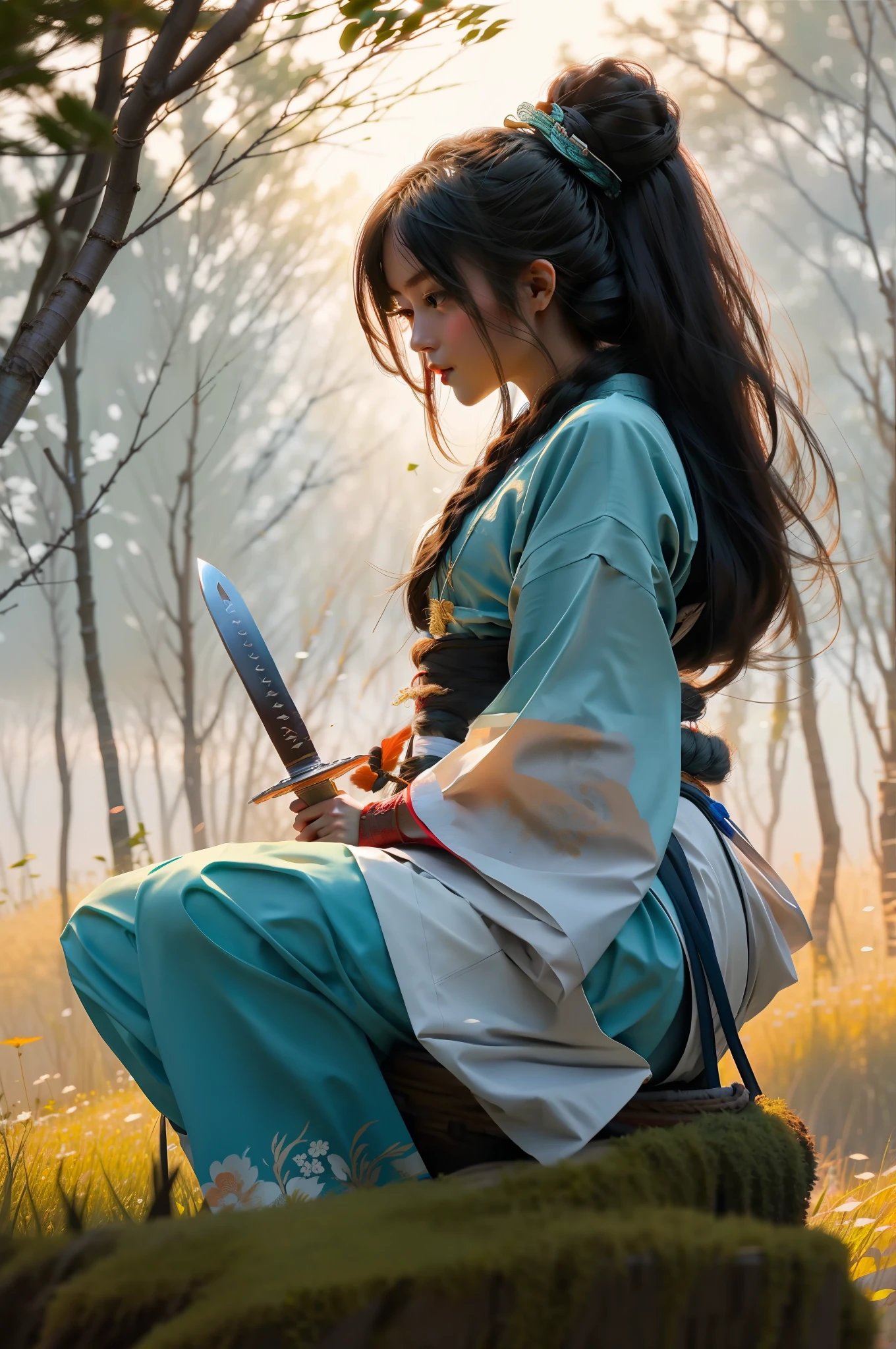 Hanfu,Wandering swordsman,Seedling knife,Short beard,sunset,lake surface,Light and shadow are stronger,Chinese,Half sideways,Upper body,flowing hair