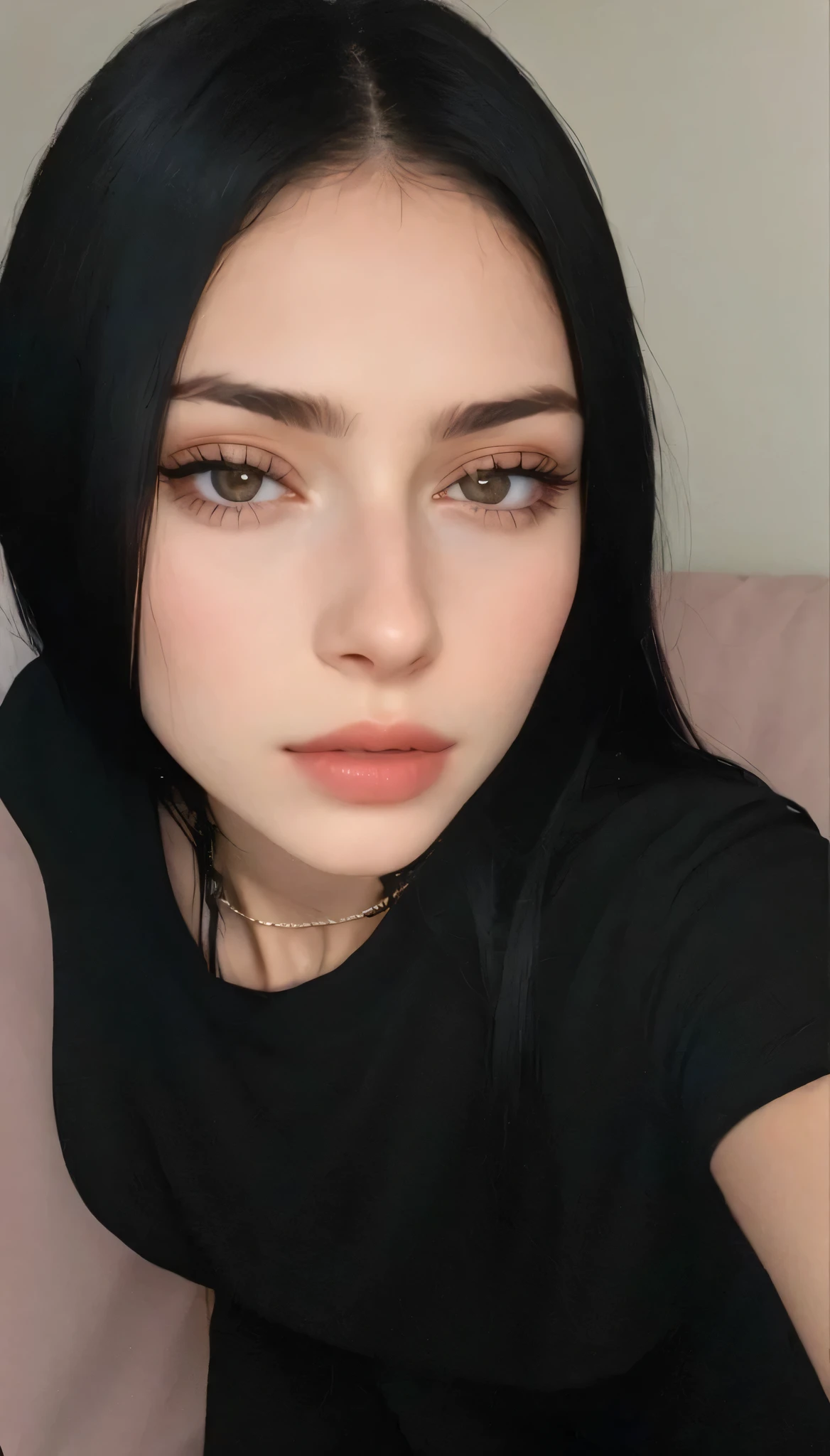 face photography Woman with black hair and black blouse is looking at the camera, 18 anos, cabelos pretos e olhos grandes, Sobrancelhas retas, 1 6 anos, 🤤 retrato da , pale gothic beauty, rosto perfeito ), Violeta Myers, garota persa de pele clara, pale skin and dark eyes,  de 19 anos, Rosto Extremamente Bonito