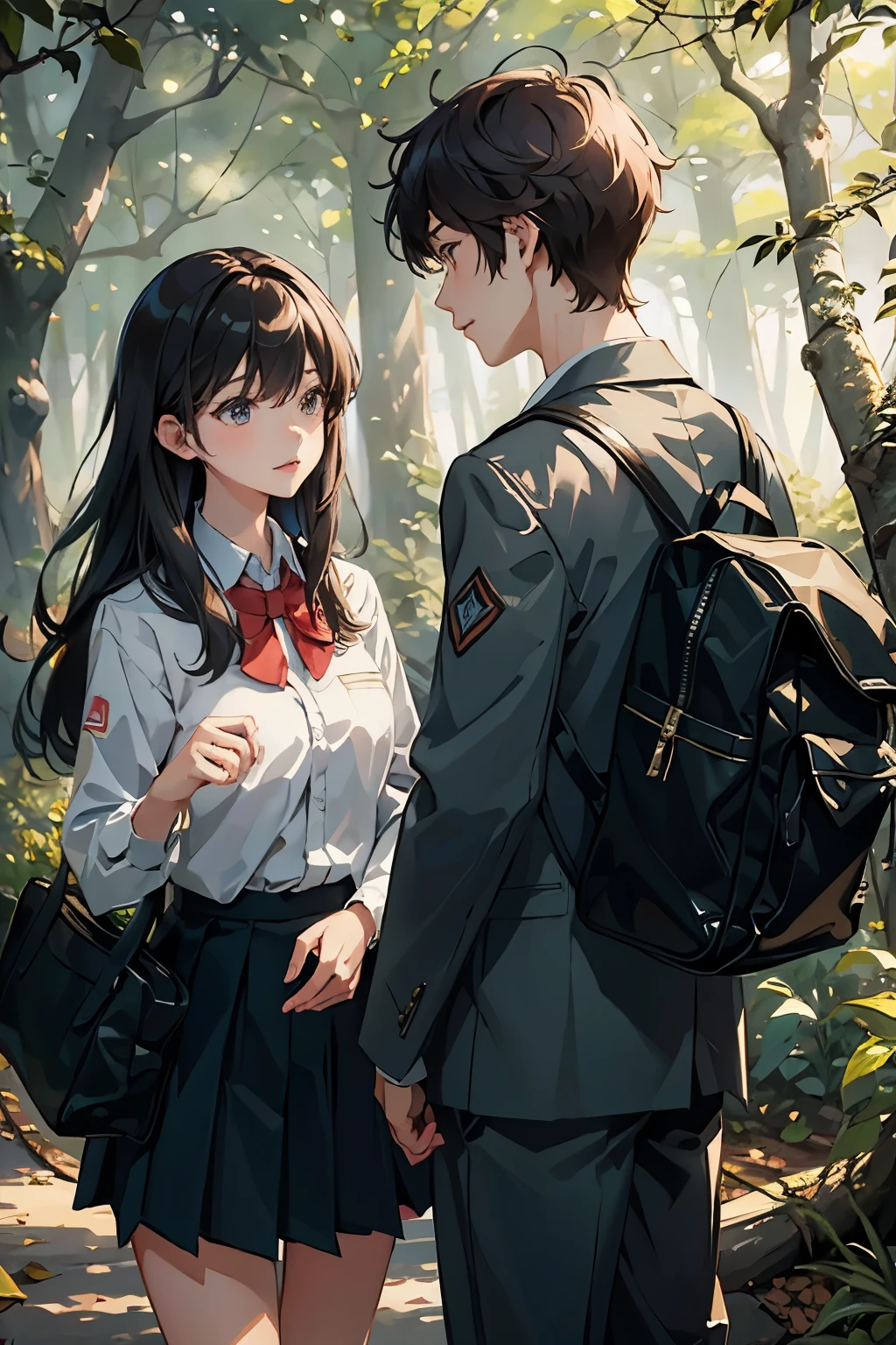 (Masterpiece: 1.2, Best Quality), (Soft Light), Background Forest, Outdoor, School Uniform, Two People, Talking