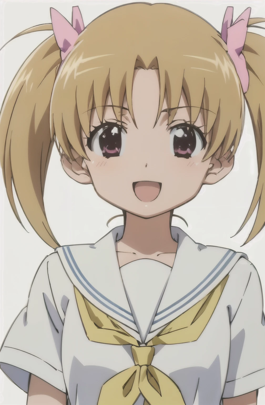 solo, 1girl, looking at viewer, flat colors, 2D, anime, anime coloring, upper body, (solid white background:1.3), mikazuki kiryuu, school uniform, serafuku, yellow neckerchief, :d, looking at viewer