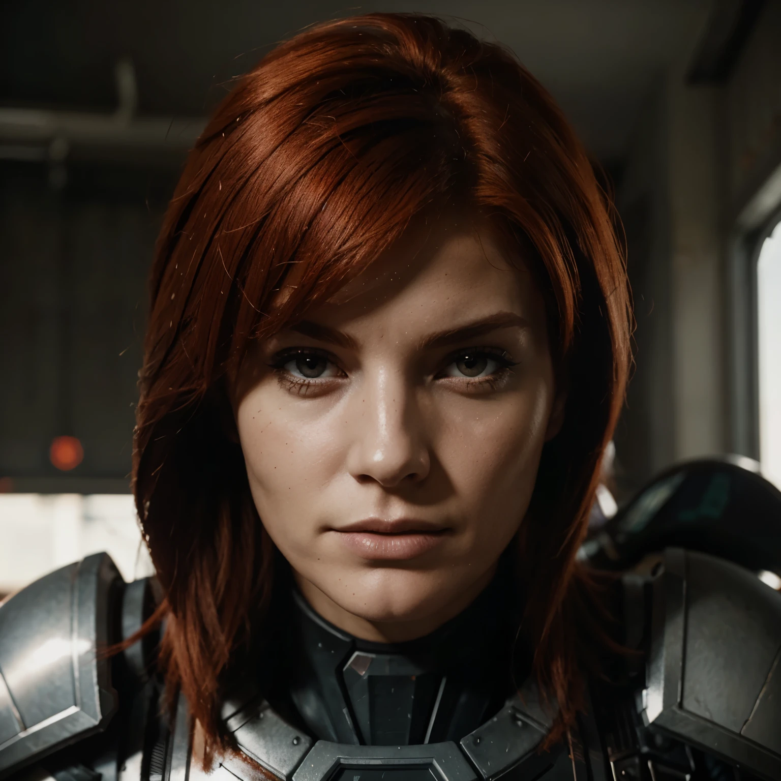 Red head femshep, damaged armor, up close portrait