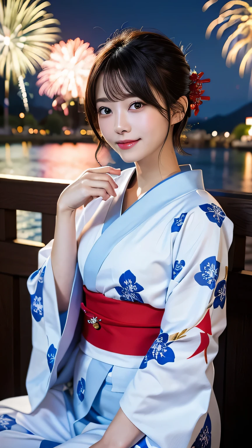 (8K、RAW photography、highest quality、masterpiece:1.2)、(realistic、Photoreal:1.37)、ultra high resolution、1 girl、cute、alone、night、sitting、date、(nose redness)、(laughter:1.1)、(closed)、big breasts、beautiful eyes、(short hair:1.2)、(((fireworks filling the sky、night)))、(((kimono、Yukata)))、cleavage、perfect body、perfect fingers、professional lighting、japanese goddess、gravure、Detailed face and skin texture、fine eyes、RAW photo