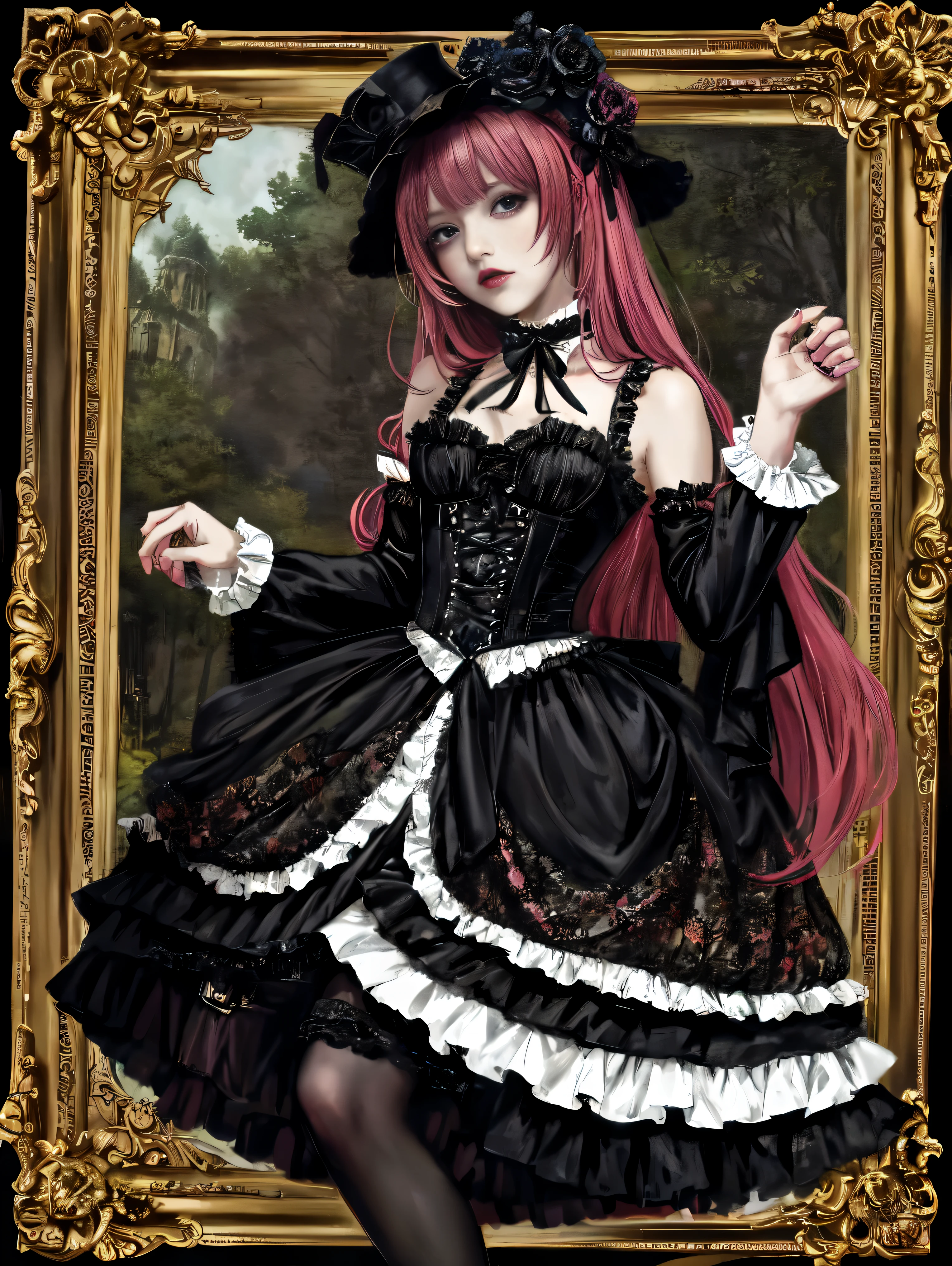 The female figure, dons an intricate visual kei gothic ta ensemble,gothic makeup, a striking blend of elegance and rebellion. His outfit features a decadent mix of lace, corsets, and elaborate accessories, A Victorian-inspired top hat crowns his head, adorned with ornate embellishments. Dark, flowing locks cascade over his shoulders, adding a touch of mystery. Heavy eyeliner accentuates his eyes, completing the avant-garde look. This famale embodiment of visual kei gothic lolixudes an aura of theatrical decadence, challenging traditional fashion norms with a captivating androgynous charm.,abmbeautifulgorl,goth person
