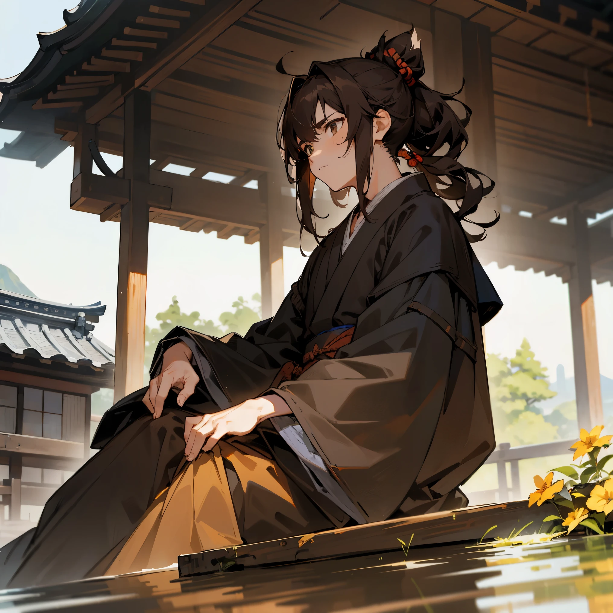 1male , Yukata , Samurai Clothing , layered hair, dark brown hair, wavy hair, top knot hair, Bob length hair , Sunny Day , Hands resting at sides , Serious Expression , Old Japanese Village Background