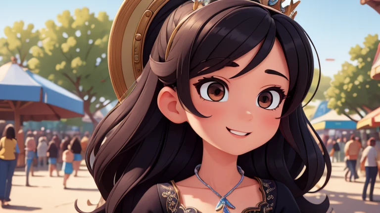(masterpiece, best quality, ultra detailed), (high detail, hyper detailed), Beautiful 25 year old girl in an amusement park, happy, adult woman body, small breasts, provocative body, black hair, long straight hair slightly disheveled at the end, dressed like a Disney princess, black dress with blue details, silver crown, detailed face, clear focus, (masterpiece: 1.2) (Realistic: 1.2) (Bokeh) (Best Quality) (Detailed Look: 1.3) (Intricate Details) (8K) (Eye Detail) (Sharp Focus), (Happy),