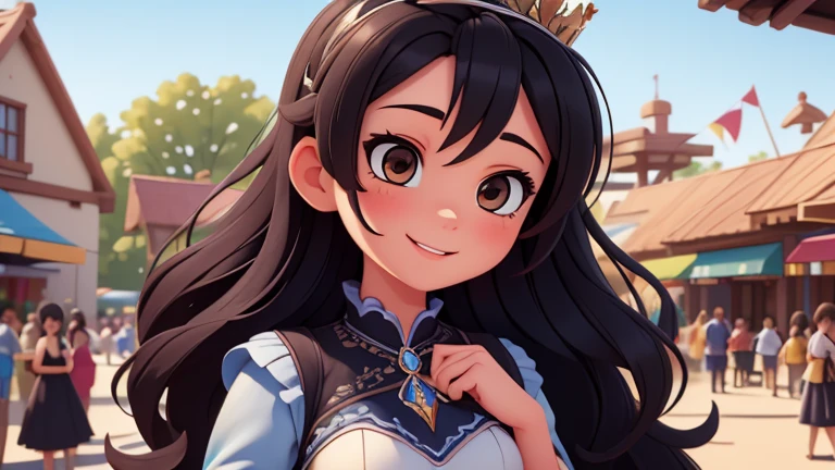 (masterpiece, best quality, ultra detailed), (high detail, hyper detailed), Beautiful 25 year old girl in an amusement park, happy, adult woman body, small breasts, provocative body, black hair, long straight hair slightly disheveled at the end, dressed like a Disney princess, black dress with blue details, silver crown, detailed face, clear focus, (masterpiece: 1.2) (Realistic: 1.2) (Bokeh) (Best Quality) (Detailed Look: 1.3) (Intricate Details) (8K) (Eye Detail) (Sharp Focus), (Happy),