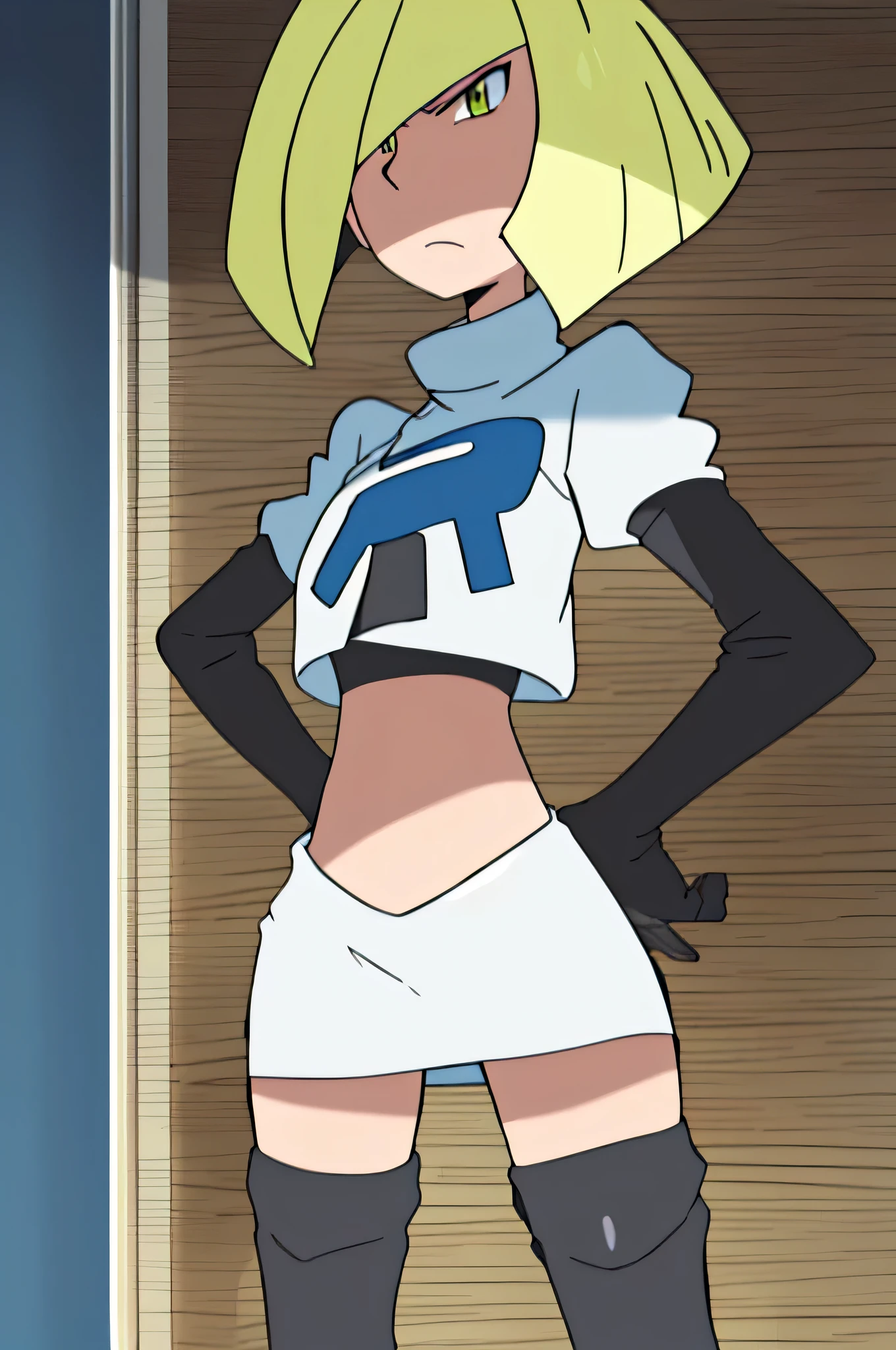 8k, masterpiece,highres,very large breast, team rocket uniform, red letter r, white skirt,white crop top,black thigh-high boots, black elbow gloves, glaring angrily, looking down at viewer, hands on hips, cowboy shot, zettai ryouiki,from below, black panties,anime style, vivid colors, sharp focus, intense lighting,zelda, crown braid,short hair