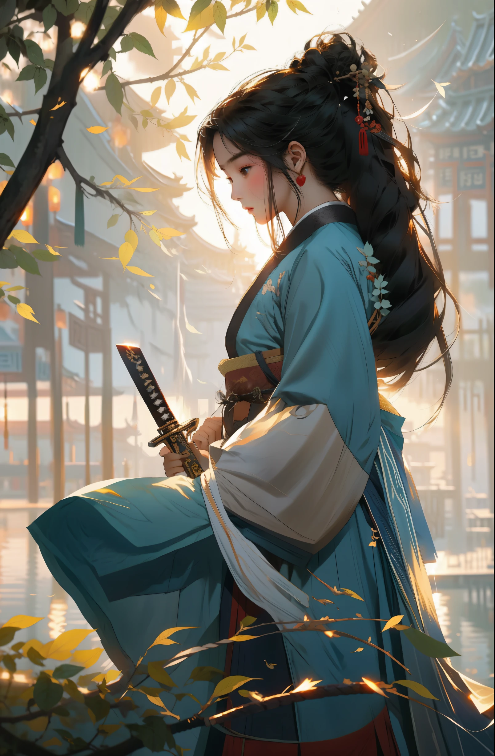 hanfu,Wandering swordsman,nursery knife,short beard,Sunset,lake surface,Light and shadow are more intense,Chinese,Semi-sideways,Upper body,flowing hair