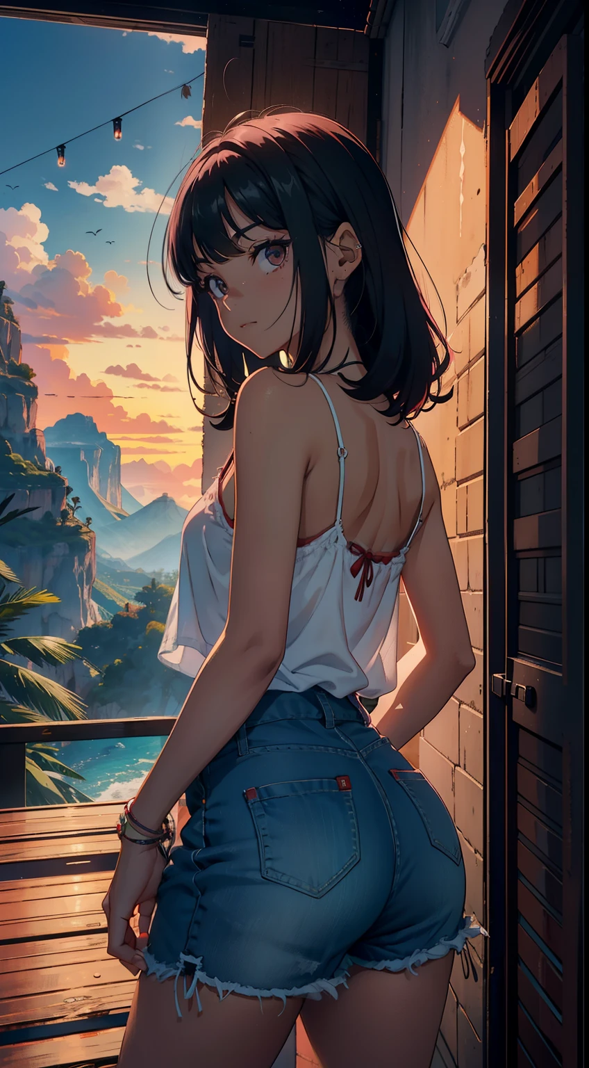 mesa, alta calidad, chica linda y cachonda, pelo de cola gemela, un moreno, Ropa grande, Ropa interior estrecha de encaje rosa, Camisola, adentro, al atardecer, Atardecer, cuarto oscuro, Me distraigo y juego con mis bragas.,