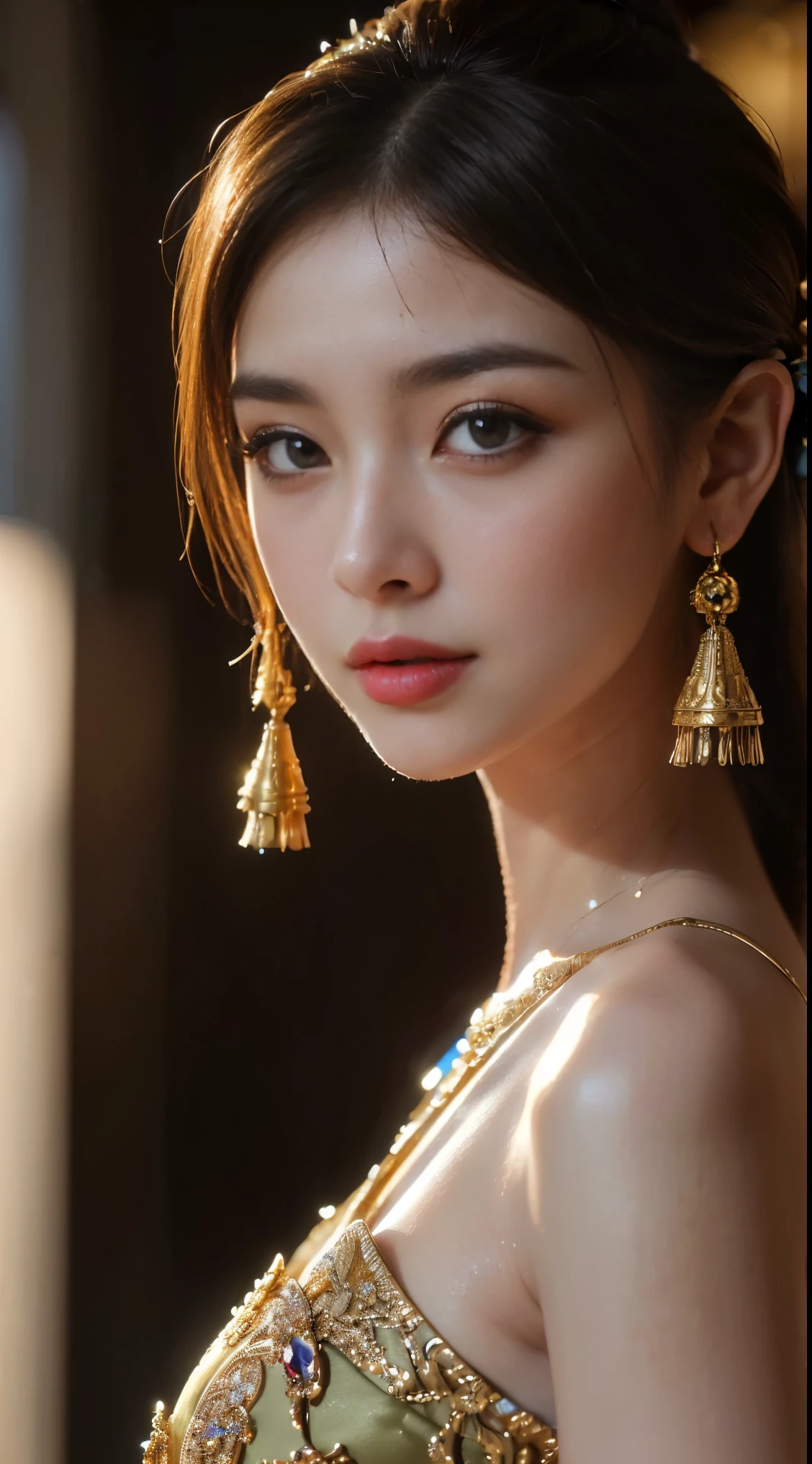 ((Wide shot:1.4))(Photorealistic:1.5),((Detailed beautiful face, detailed beautiful wide eyes, 8K olive green pupil:1.3)),((masterpiece,ultra high quality, ultra high resolution:1.2)),((realistic skin, very detailed details:1.2)),(unity 16K wallpaper:1.1),(HD quality,HDR),((The style of a surrealist painter, a masterpiece of ultra-realistic portraits, an epic work of a photography expert)),((nikon d750 f/1.4 55mm)),((dynamic angle,professional lighting, physically-based rendering)),((Bright colors)),

(Beautiful and Realistic thai girl),(Sexy and attractive face, perfectly proportioned body),((small breasts)),((light brown hair,long wavy hair,front ponytail)),((Venus of the East)),

((Thai princess:1.3)),(Gorgeous thai costumes with intricate details,Gorgeous dress,Gorgeous gold ornaments, intricate details,ornate jewelry accessories,Gorgeous fringe, intricate details,Various gemstones:1.2),((thai buddhist temple))