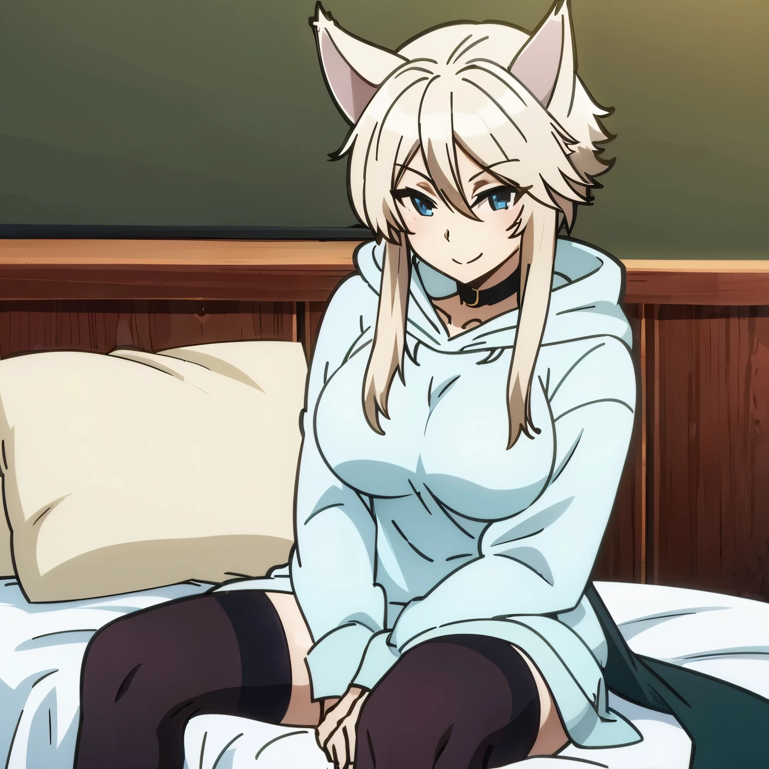 Zeta, Big hoodie, black thigh highs, holding blanket, cat ears, sitting on bed, smiling