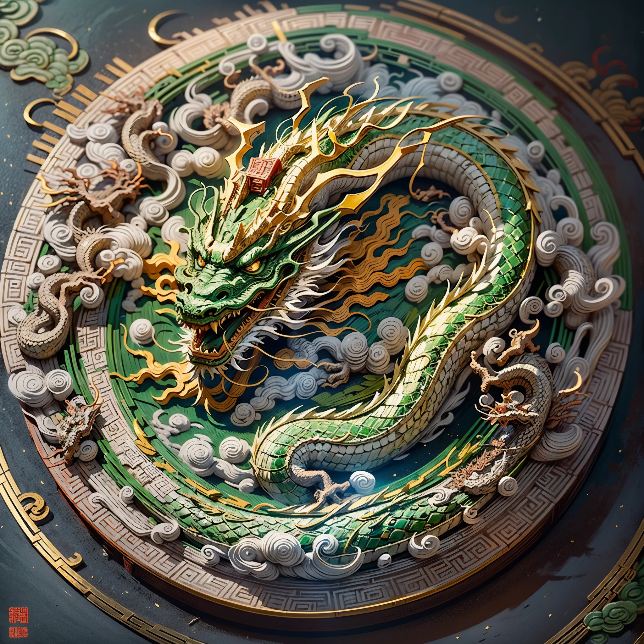 (Masterpiece), 1 round jade wall piece, carved (Chinese Dragon: 1.5), (made of jade and gold, matte finish, worn), (traditional carving, etching technique), It  in the collection of the Metropolitan Museum of Art , product aesthetic lenses, Chinese style, , realistic photos