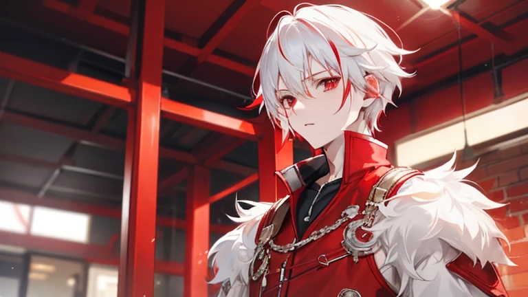 boy，red pupils，white hair，Off the shoulders，masculine characteristics，short hair,lol，Red pick dye，chain，red metallic coat，best quality，masterpiece，