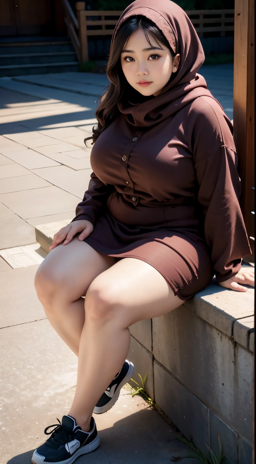 realistic, 1 women, best quality, 12k, HD, long hair, (big round breasts:1.5), cleavage, ponytail, necklace, jewelry, shorts, short jacket, slim hips, hair tie, yellow eyes, black hair, super detailed, Eye details, hair details, person details, mouth details, face details, breast details, clothes details, hair details, pants details, hand details, whole body
