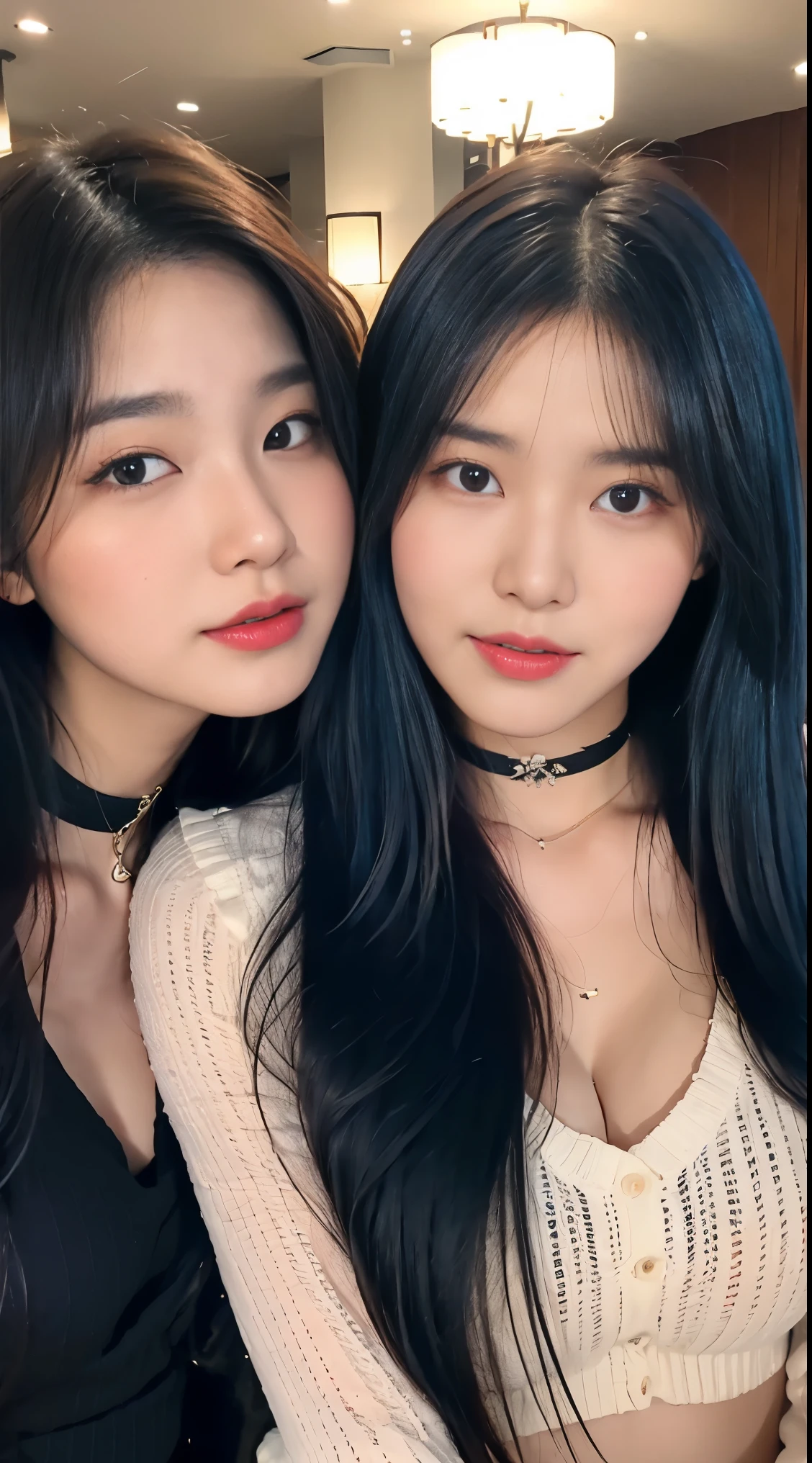 A pair of twins，Cute Korean singer girl，Take photos at night，The background is the hotel，Two girls having love in bed，lying on stomach，Wear black underwear，Cute real girl with big breasts，Dew，Blue hair and pink neon hair，erogenous，Realistic Korean girl，female student，cute ，looking at the viewers，Choker