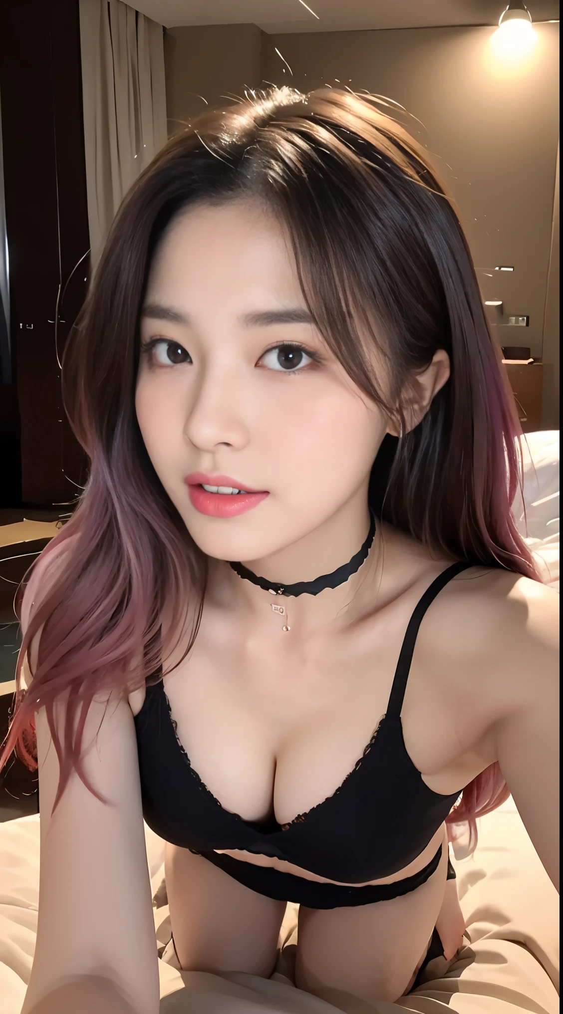 A pair of twins，Cute Korean singer girl，Take photos at night，The background is the hotel，Two girls having love in bed，lying on stomach，Wear black underwear，Cute real girl with big breasts，Dew，Blue neon hair and pink neon hair，erogenous，Realistic Korean girl，female student，cute ，looking at the viewers，Choker