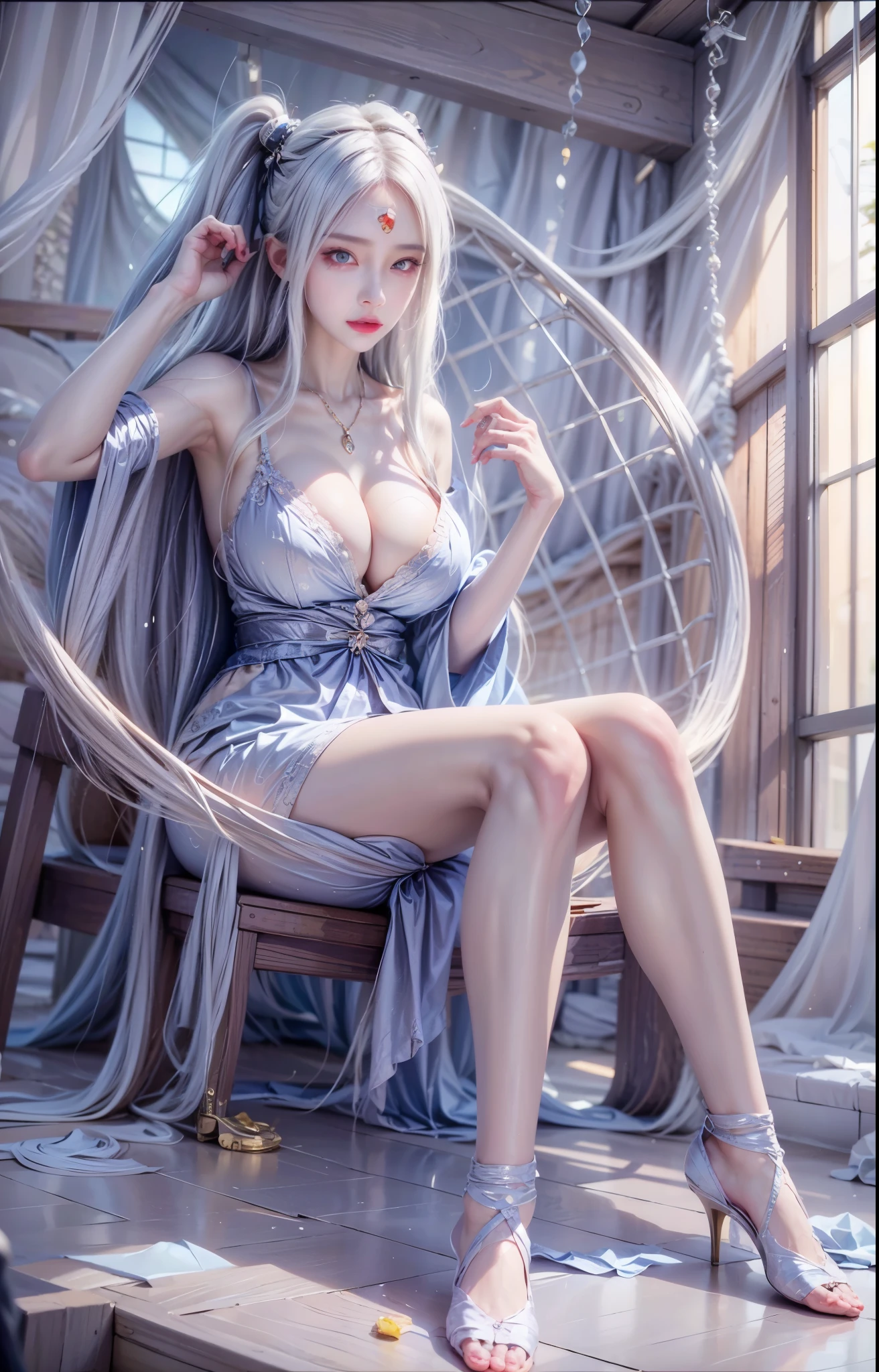 realistic, 1 women, best quality, 12k, HD, long hair, big round breasts, cleavage, ponytail, necklace, jewelry, shorts, short jacket, slim hips, hair tie, yellow eyes, black hair, super detailed, Eye details, hair details, person details, mouth details, face details, breast details, clothes details, hair details, pants details, hand details, whole body