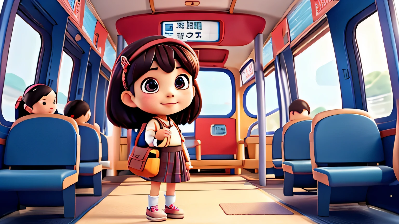 A Korean girl with a cute expression standing in front of a bus holding a bag