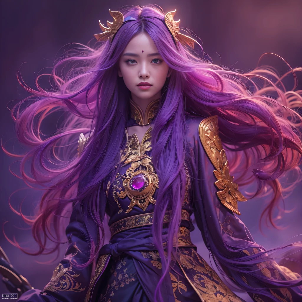 32k（masterpiece，HD，超HD，32k）Bright purple flowing hair，autumn pond，we disagree， a color，  Asian （Michiko）， （silk scarf）， fighting stance， looking at the ground， Orange gradient long hair， Floating bright purple， Fire cloud gold headdress， Chinese long-sleeved gold silk garment， （Abstract ink splash：1.2），mars background，lotus（realistically：1.4），Bright purple hair，Smoke on the road，The background is very pure， high resolution， detail， original photo， Sharp Re， Nikon D850 film photo by Jefferies Lee 4 Kodak Portra 400 camera F1.6 guns, rich and colorful, Super real、Vivid textures, dramatic lighting, Unreal Engine Art Station Trend, Silicon Nest 800，Bright purple flowing hair