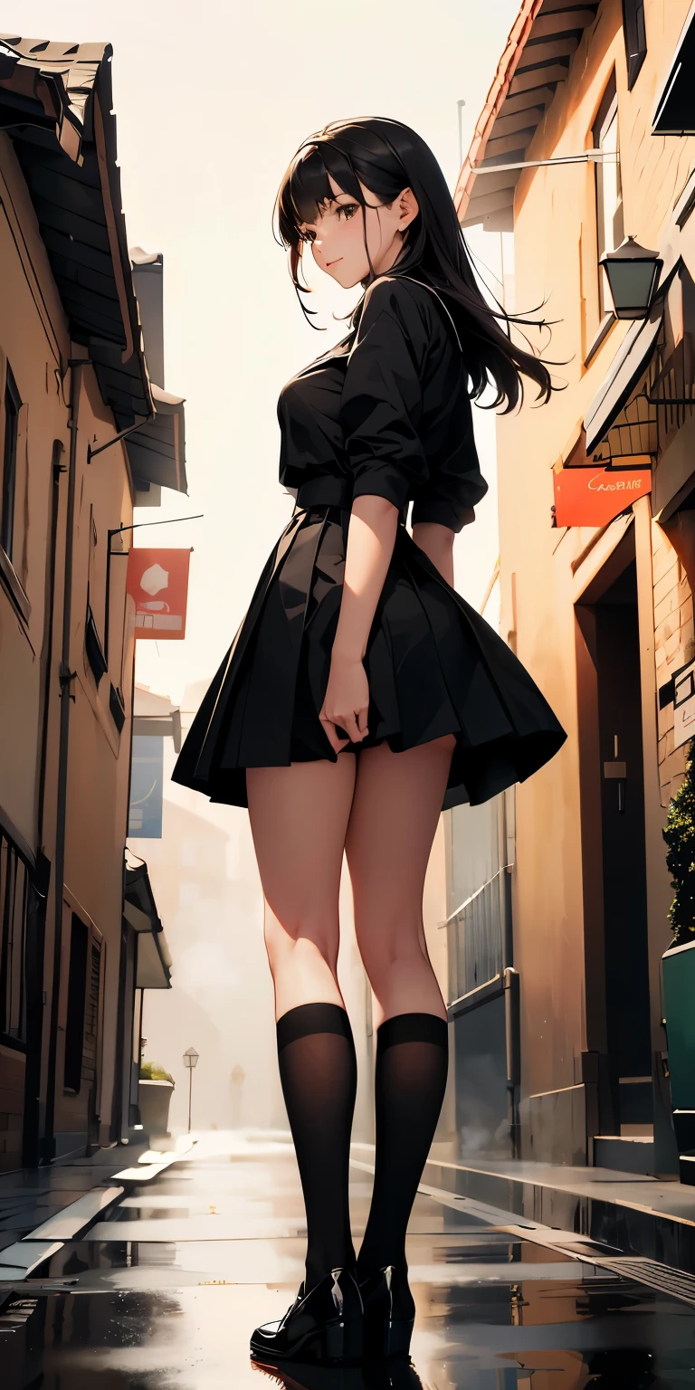 masterpiece, highest quality, Ultra - High resolution, highest resolution, very detailed, professional lighting, Gray Light Lighting、Low angle from below、modern old townscape、snow scene、Blowing steam into the landscape、Fog in the landscape、foggy、Beautiful woman, small face、white skin、very cute、17 years old、bright smile、(black hair、Mashed short)、(black sailor suit)、thin and long legs、beautiful hip line、Beautiful spine、constricted back、tight waist、JK Black Skirt 、Tight pleated skirt、Hip line emphasis、black socks、brown eyes,face is a little red, beautiful breasts、Breasts are A cup、perfect hands、shoes are loafers、black knee socks