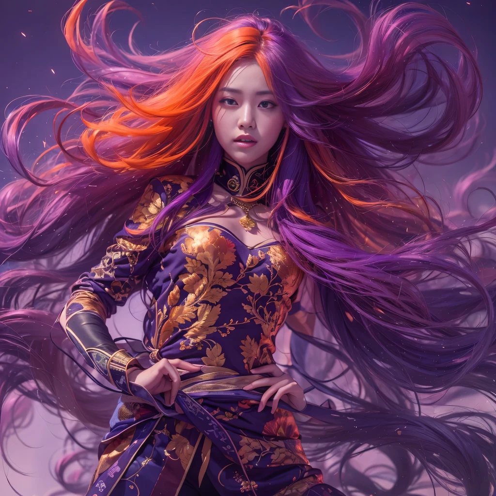 32k(masterpiece,HD,超HD,32k)Bright purple flowing hair,autumn pond,we disagree, a color, Asian (Michiko), (silk scarf), fighting stance, looking at the ground, Orange gradient long hair, Floating bright purple, Fire cloud gold headdress, Chinese long-sleeved gold silk garment, (Abstract ink splash:1.2),mars background,lotus(realistically:1.4),Bright purple hair,Smoke on the road,The background is very pure, high resolution, detail, original photo, Sharp Re, Nikon D850 film photo by Jefferies Lee 4 Kodak Portra 400 camera F1.6 guns, rich and colorful, Super real、Vivid textures, dramatic lighting, Unreal Engine Art Station Trend, Silicon Nest 800,Bright purple flowing hair