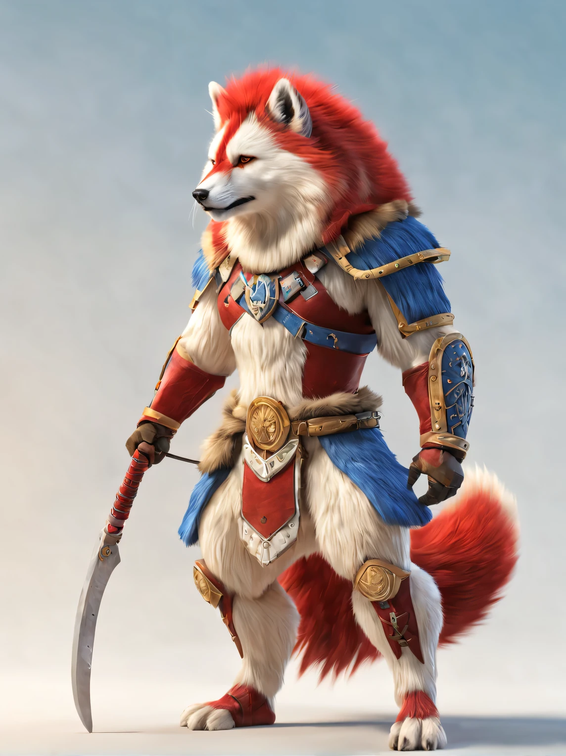 Warrior fur in full pose, Mecha Warrior Prototype, Smooth, streamlined shapes, 3D, octane number, whole body, full pose, white palette:1.5 yellow: 1.1 blue:1.1 red:1.2, neutral light background white-beige gradient, high detail, a high resolution, high contrast, photorealistic