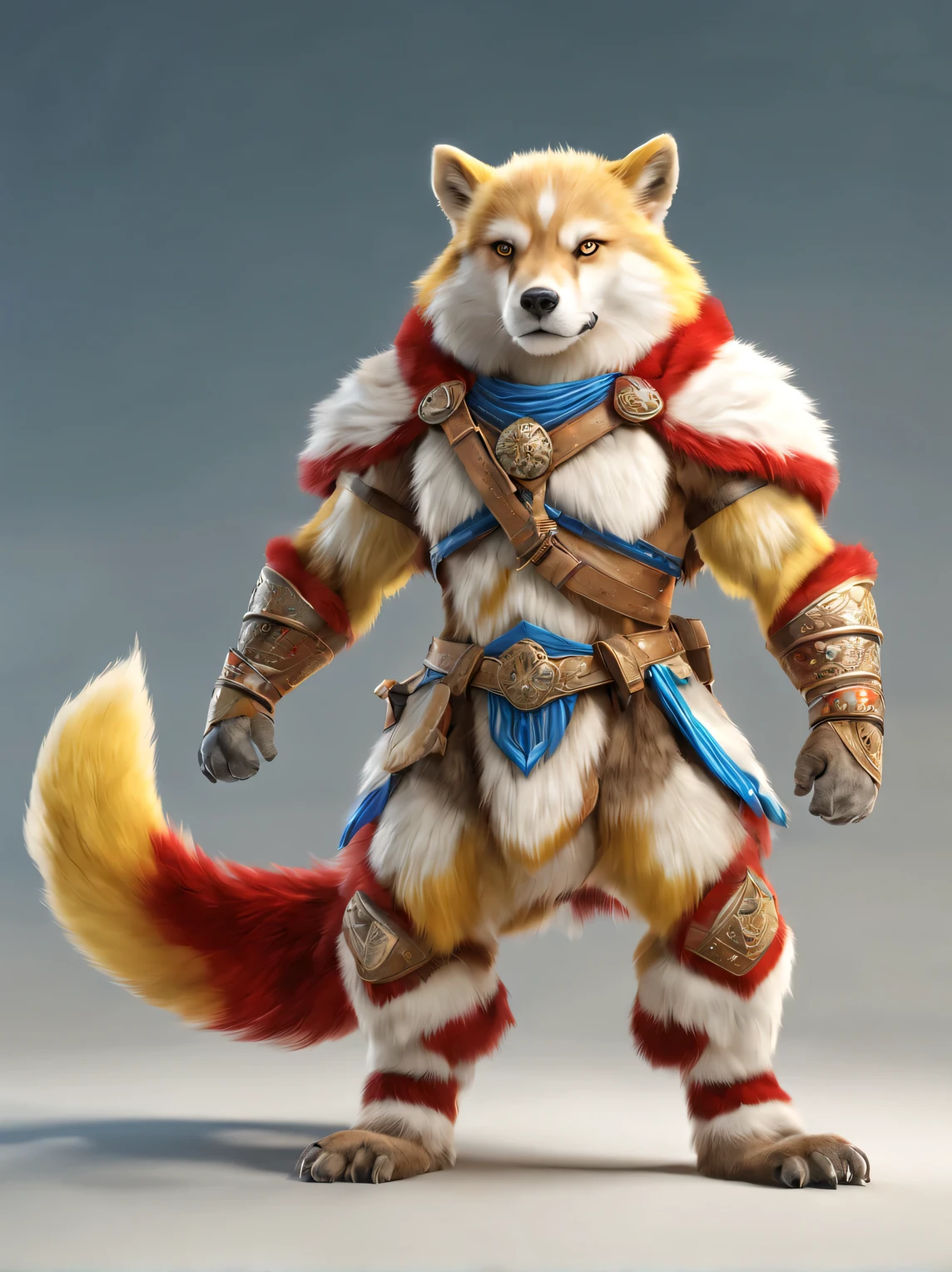 Warrior fur in full pose, Mecha Warrior Prototype, Smooth, streamlined shapes, 3D, octane number, whole body, full pose, white palette:1.5 yellow: 1.1 blue:1.1 red:1.2, neutral light background white-beige gradient, high detail, a high resolution, high contrast, photorealistic