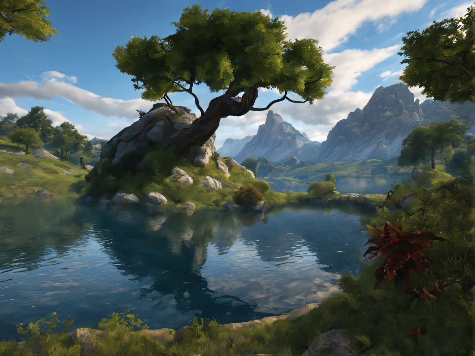 fantasy landscape with a [mountain:lake:0.15] and [oak:Christmas tree:0.35][ In the foreground::0.3][ Ao fundo:0.20] [cheesy:мастерскandй:0.25]
