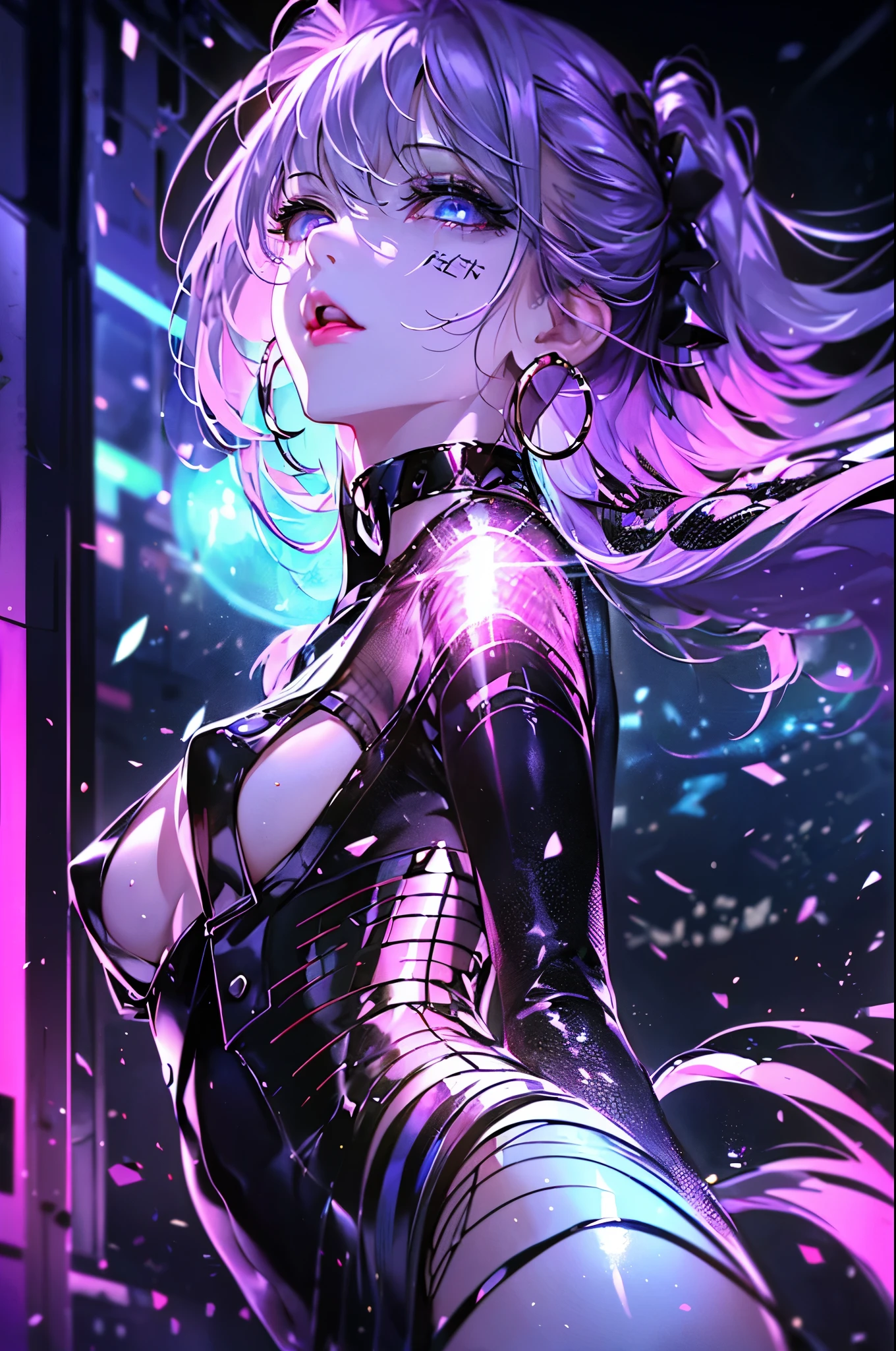 hair above one eye, red eyes, clear eyes, choker, open jacket, towards the wall,shineing grafiti, shineing tattoos, shine, neon light, Black light,anime style, movieポートレート写真, 1 female, 22 years ago, Full body Esbian,Blue eyes background, big and full breasts, anger, (scarlet colored hair), long hair, purple eyes, wearing a short black dress, (natural skin texture vivid details, surreal, (realistic detailed eyes, natural skin texture, realistic facial details), soft and dramatic lighting, Depth of written boundary, Bokeh, vivid details, surreal, 35mm movie, hazy blur, movie,lipstick, ear piercing, eye shadow, hoop earrings, Red-pink lips, 多色のred eyes, purple theme,Wear an iridescent aura,beautiful eyes,stand in front of the red gate、bold pose、decide on a pose,upper ponytail,Hanging bangs