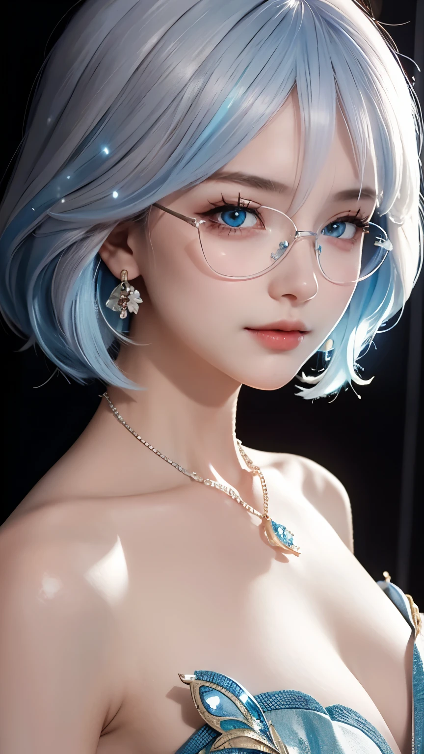 masterpiece, best quality, illustration, Saxophone blue hair, Platinum Earrings, Platinum Necklace, White evening dress, 1 girl, Lovely, (dynamic lighting:1.2), Cinema lighting, Exquisite facial features, Delicate blue eyes, wear glasses（focus），sharp pupils, realistic student, depth of field, Bokeh, 锐利的focus, (Super detailed, bloom, glow:1.4)