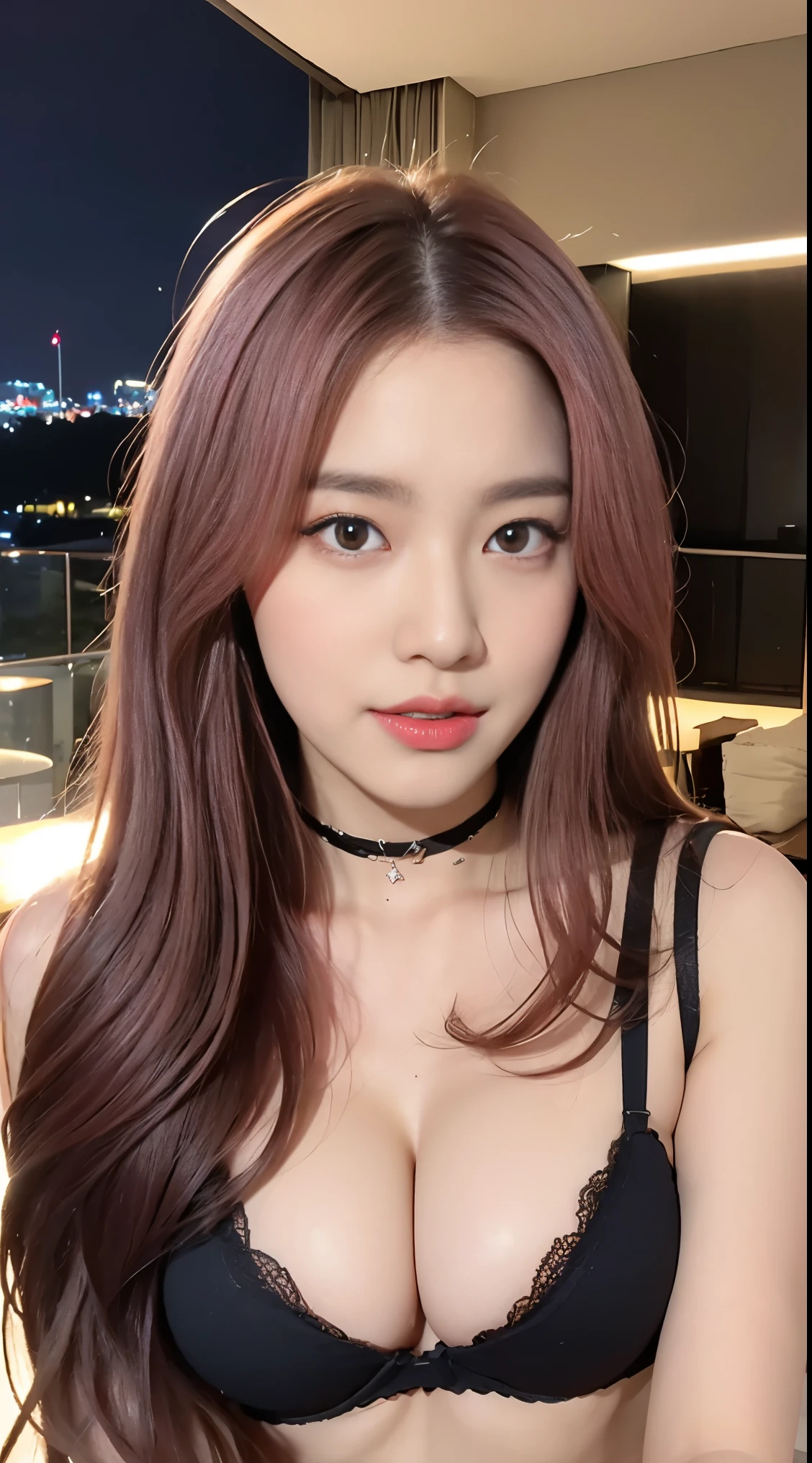 A pair of twins,Cute Korean singer girl,Take photos at night,The background is the hotel,Two girls having love in bed,lying on stomach,Wear black underwear,Cute real girl with big breasts,Dew,pink neon hair and pink neon hair,erogenous,Realistic Korean girl,female student,cute ,looking at the viewers,Choker