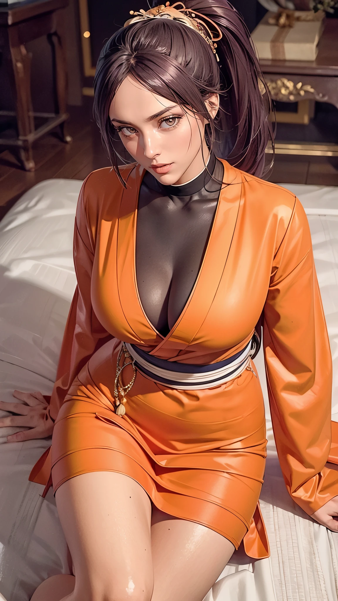 （（（完美figure，figure，xuer martial arts，Orange kimono，Orange kimono，Black undershirt，（（（shihouin yoruichi，Golden pupil，1girl，dark-skinned female，solo，ponytail，long purple hair ））），（（（wide hips））），S型figure:1.7））），((masterpiece)),high resolution, ((Best quality at best))，masterpiece，quality，Best quality，（（（ Exquisite facial features，looking at the audience,There is light in the eyes，blush，shy，open mouth））），（（（Light and shadow interlace，huge ））），（（（looking into camera，lie on the floor，from above，looking down，open hands，Kurotsuchi）））