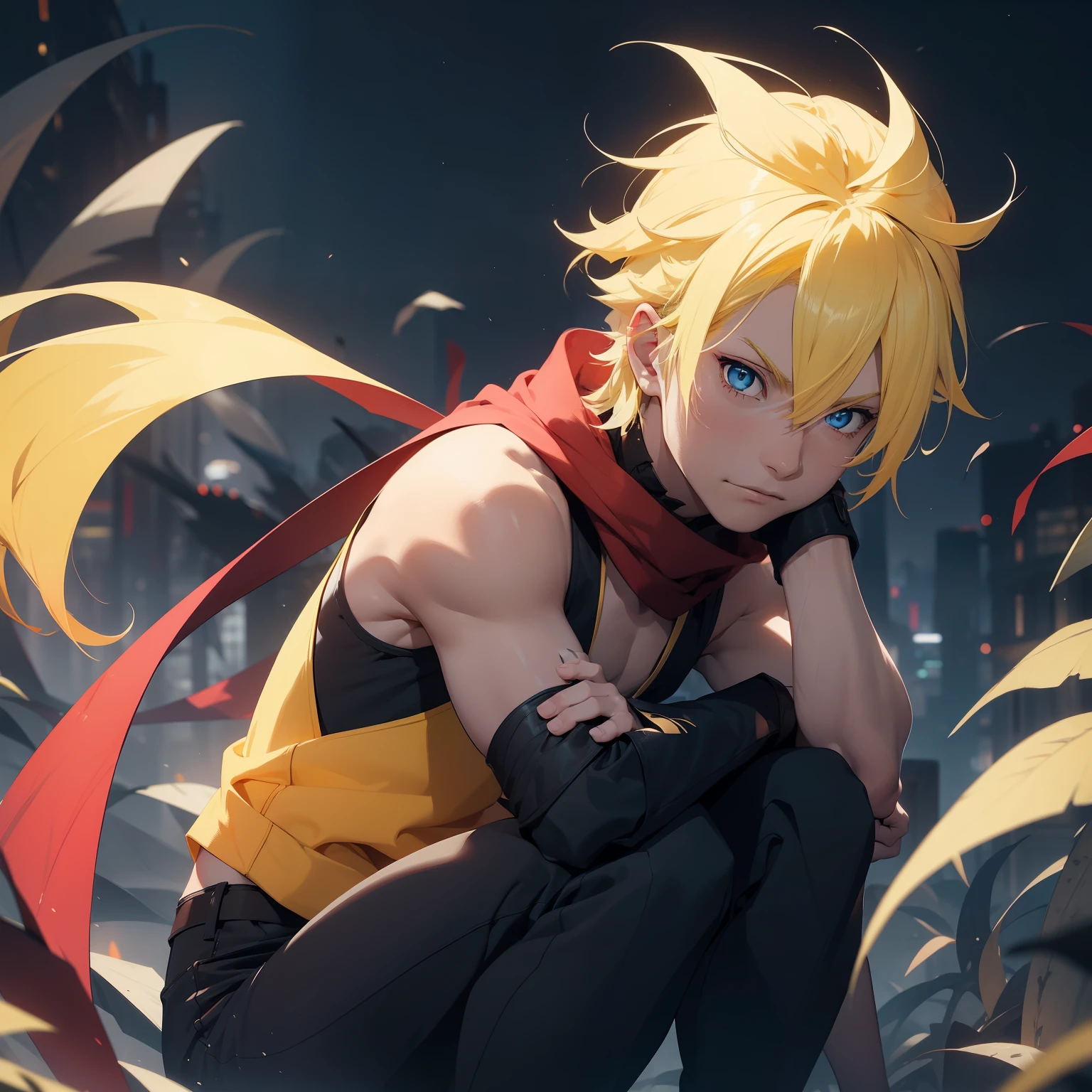 (26 years old), (male), Yellow hair, (Blue eyes), (Spiky Shoulder-length hair), red scarf, White vest, sleeveless, black pants, black gloves, slim, up to legs