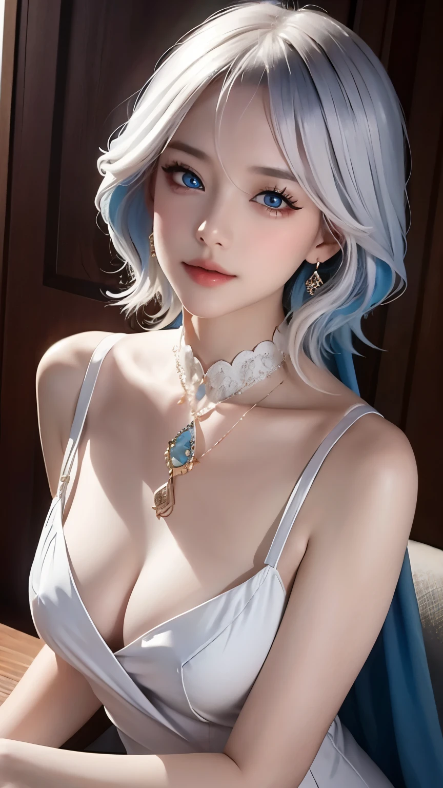 masterpiece, best quality, illustration, Saxophone blue hair, Platinum Earrings, Platinum Necklace, White evening dress, High neck clothes，Not showing breasts，1 girl, Lovely, (dynamic lighting:1.2), Cinema lighting, Exquisite facial features, Delicate blue eyes, Wear half-rimmed glasses（focus），sharp pupils, realistic student, depth of field, Bokeh, 锐利的focus, (Super detailed, bloom, glow:1.4)