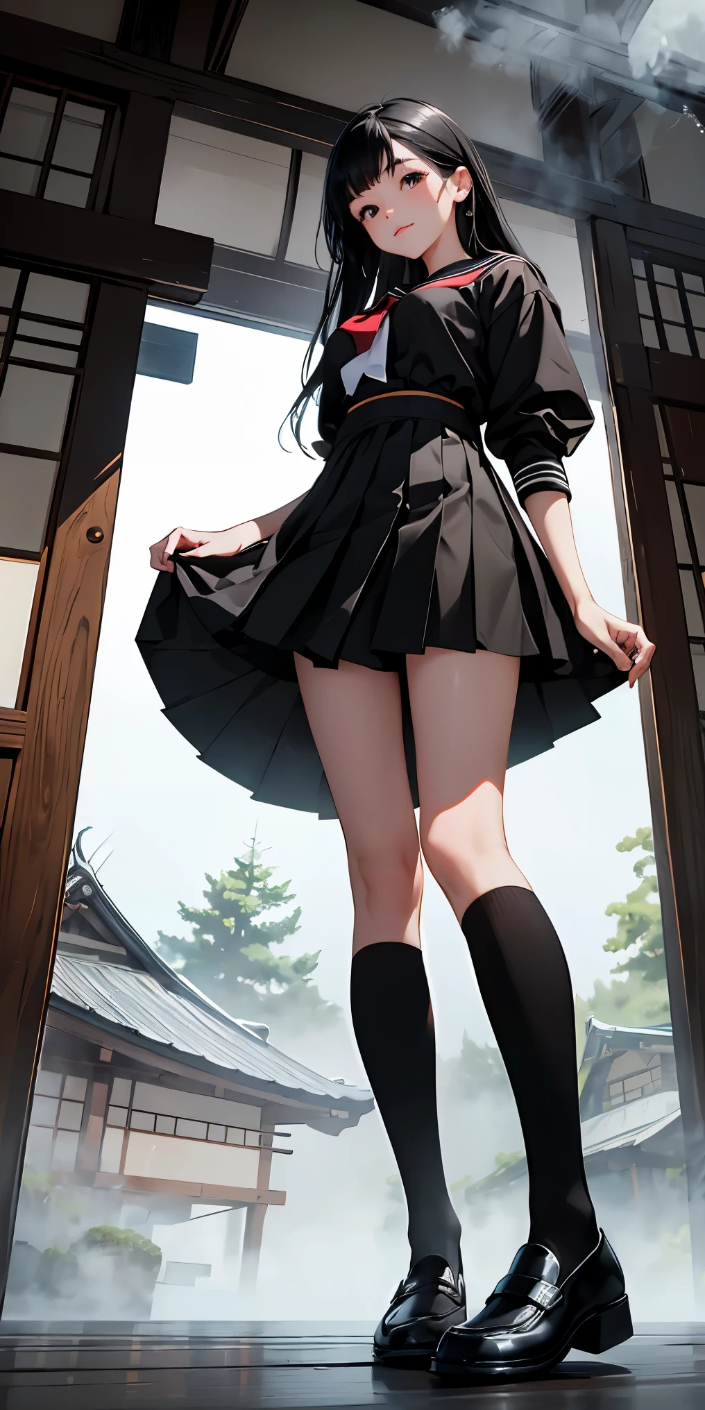 masterpiece, highest quality, Ultra - High resolution, highest resolution, very detailed, professional lighting, Gray Light Lighting、Low angle from below、Old house in Japan、Blowing steam into the landscape、Fog in the landscape、foggy、Beautiful woman, small face、white skin、very cute、17 years old、bright smile、(black hair、medium hair、fluttering hair)、(black sailor suit)、thin and long legs、beautiful hip line、Beautiful spine、constricted back、tight waist、JK Black Skirt 、Tight pleated skirt、Hip line emphasis、black socks、brown eyes,face is a little red, beautiful breasts、Breasts are A cup、perfect hands、shoes are loafers、black knee high socks