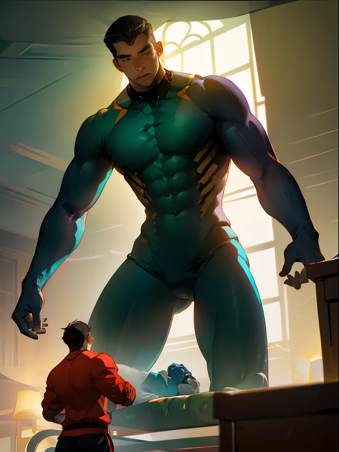 giant macro man growth hot tall muscular teen in room growing too big for room