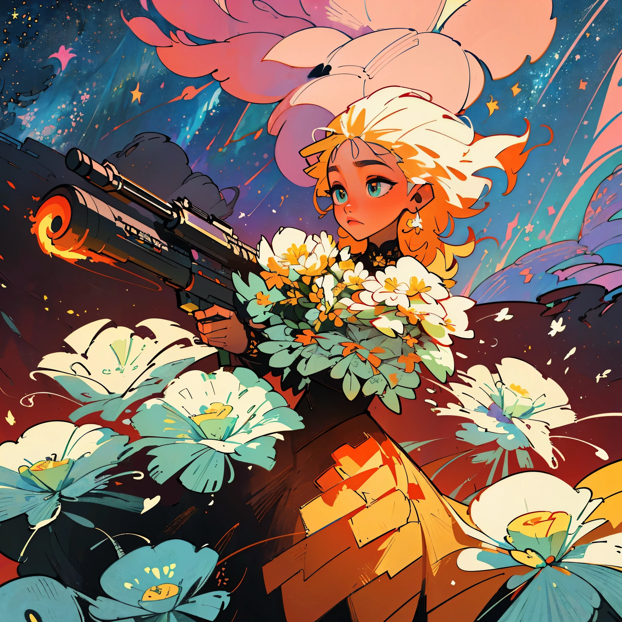 (Masterpiece, Top Quality, Best Quality, Official Art, Beauty and Aesthetics: 1.2), (1girl: 1.3), Very Detailed, (Fractal Art: 1.1), (White: 1.1) (Flowers: 1.3), Most Detailed, (Zentangle: 1.2), (Dynamic Pose), (Abstract Background: 1.3), (Shiny Skin), (Many Colors: 1.4), ,( earrings), (starry sky:1.5), (flamethrower:1.3), red background, phoenix skirt,