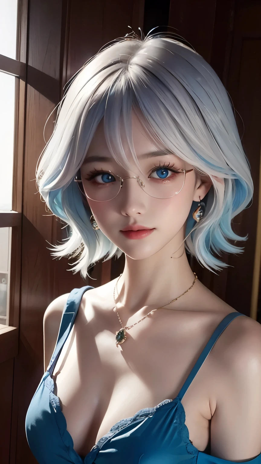 masterpiece, best quality, illustration, Saxophone blue hair, Platinum Earrings, Platinum Necklace, off-the-shoulder shirts, Not showing breasts，1 girl, Lovely, (dynamic lighting:1.2), Cinema lighting, Exquisite facial features, Delicate blue eyes, Wear half-rimmed glasses（focus），sharp pupils, realistic student, depth of field, Bokeh, 锐利的focus, (Super detailed, bloom, glow:1.4)