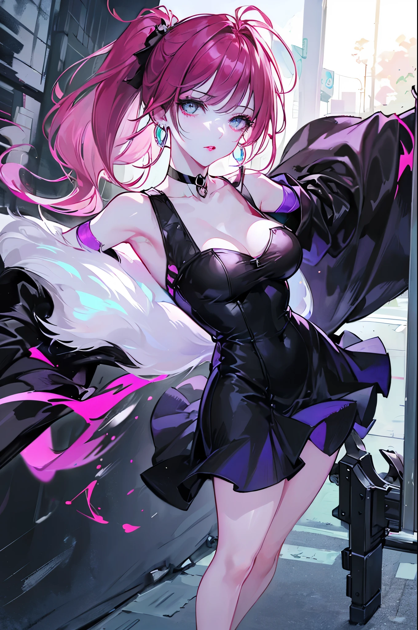 hair above one eye, red eyes, clear eyes, choker, open jacket, towards the wall,shineing grafiti, shineing tattoos, shine, neon light, Black light,anime style, movieポートレート写真, 1 female, 22 years ago, Full body Esbian,Blue eyes background, big and full breasts, anger, (scarlet colored hair), long hair, purple eyes, wearing a short black dress, (natural skin texture vivid details, surreal, (realistic detailed eyes, natural skin texture, realistic facial details), soft and dramatic lighting, Depth of written boundary, Bokeh, vivid details, surreal, 35mm movie, hazy blur, movie,lipstick, ear piercing, eye shadow, hoop earrings, Red-pink lips, 多色のred eyes, purple theme,Wear an iridescent aura,beautiful eyes,stand in front of the red gate、bold pose、decide on a pose,upper ponytail,Hanging bangs,sit