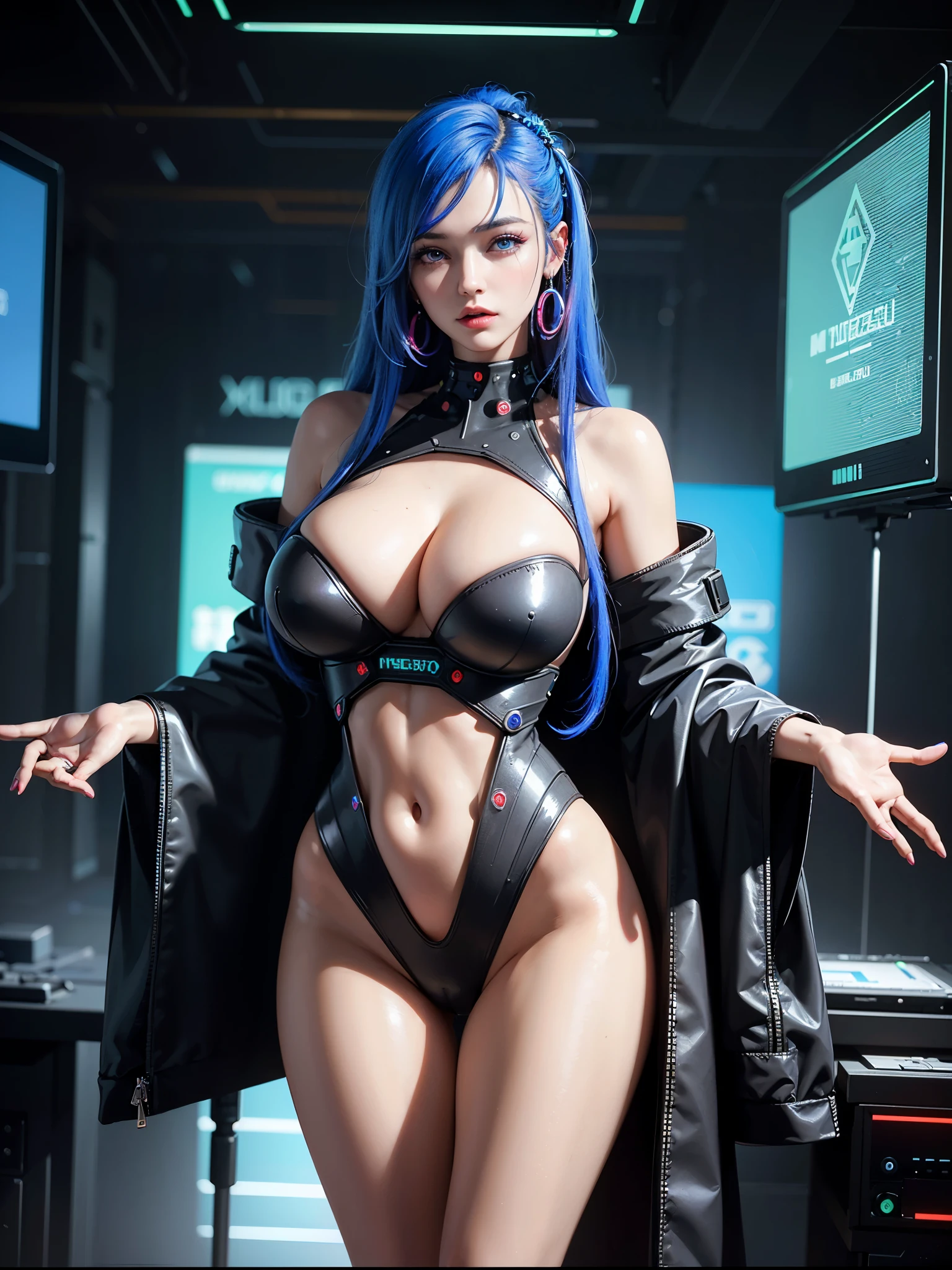 ((Best quality)), ((masterpiece)), (highly detailed:1.3), beautiful (cyberpunk:1.3) female hacker with thick long voluminous hair operating a hologram computer terminal, blue eyes, double eyelids, button nose, red lips, huge breasts,long legs, hologram screens,Perfect proportions