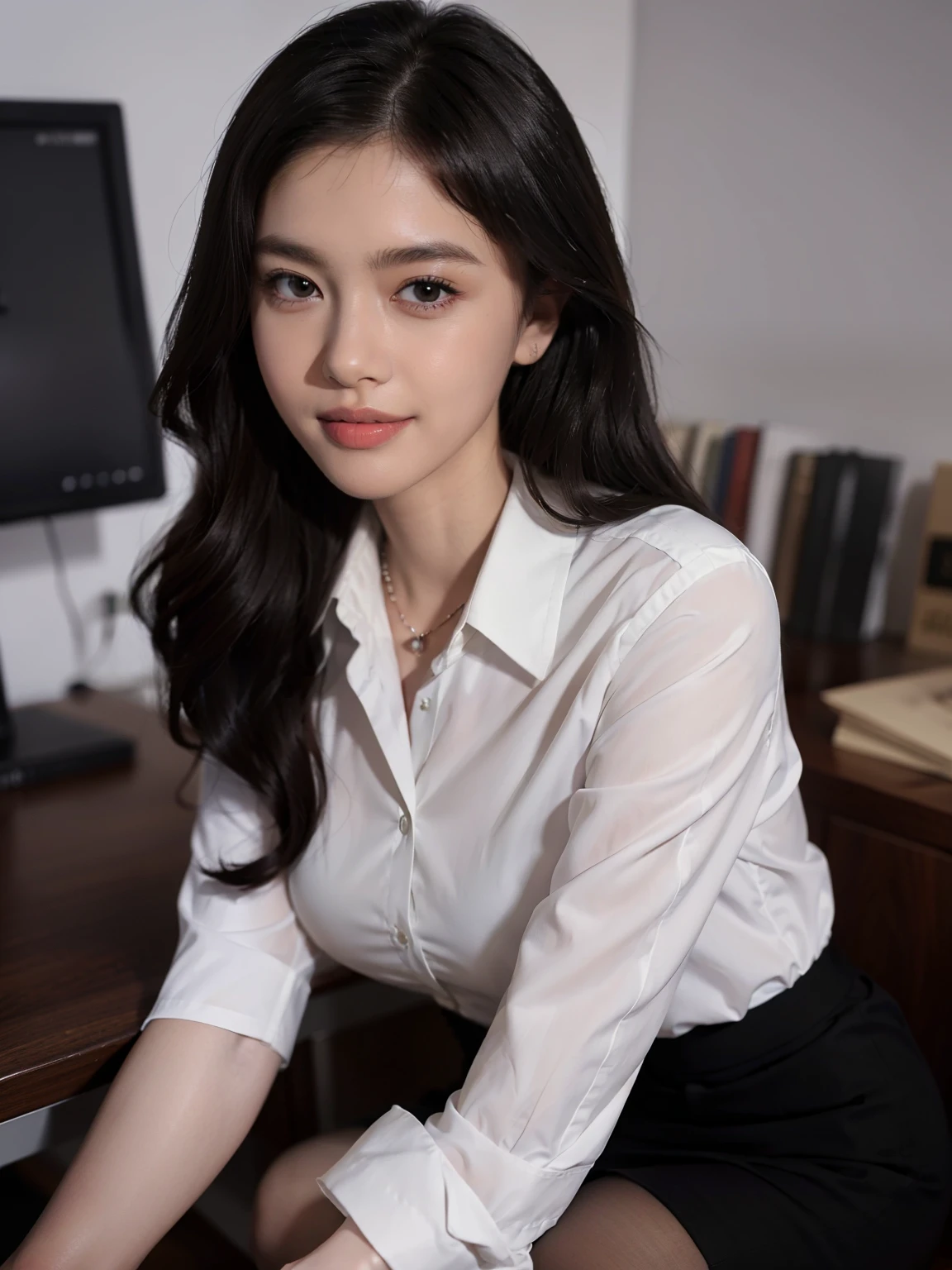 (masterpiece:1,5), (best quality:1.5), extremely detailed，extremely detailed face，Exquisite facial features，anatomically correct，(full body portrait:1.05)，beautiful girl，young woman，slim figure，office lady，Office wear，Collared white shirt，（curls:1.1)，black pantyhose，(long legs:1.05)，(cute:1.2)，(Smile:0.9)