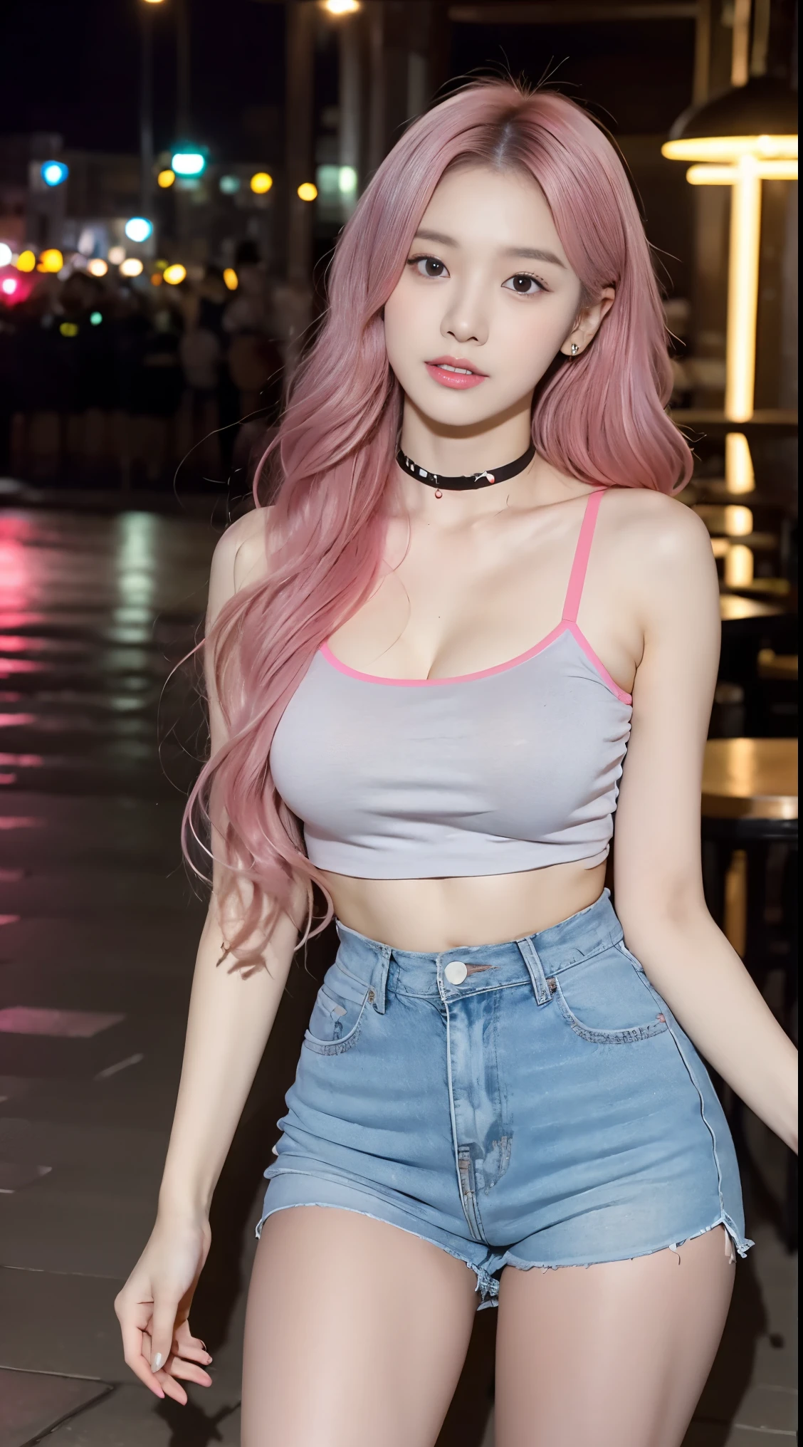 A pair of twins，Cute Korean singer girl，Take photos at night，The background is the hotel，Two girls having love in bed，lying on stomach，Wear black underwear，Cute real girl with big breasts，Dew，pink neon hair and pink neon hair，erogenous，Realistic Korean girl，female student，cute ，looking at the viewers，Choker